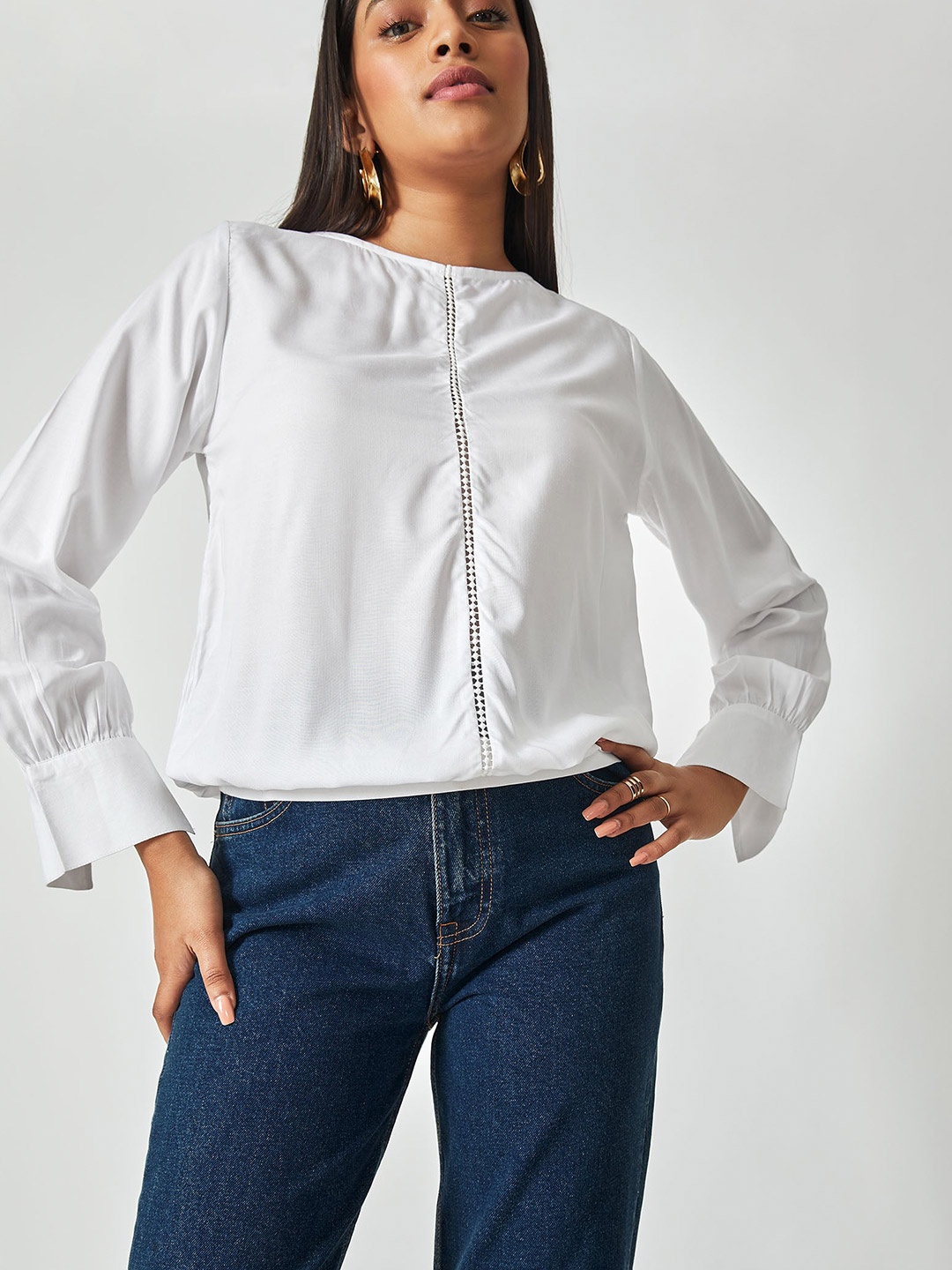 

The Label Life White Lace Detail Cuffed Sleeves Top