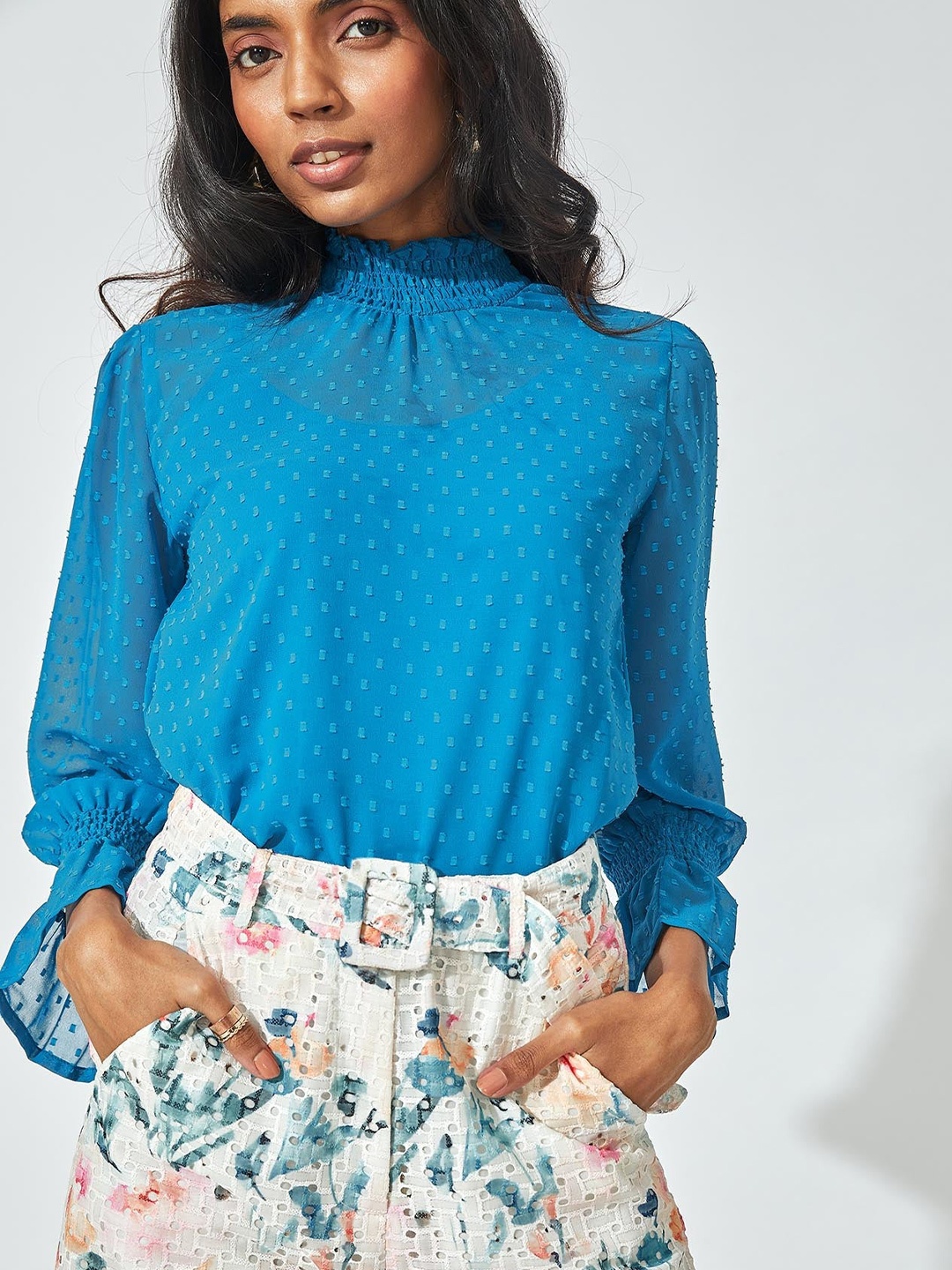 

The Label Life Teal Blue Dobby Smocked Top