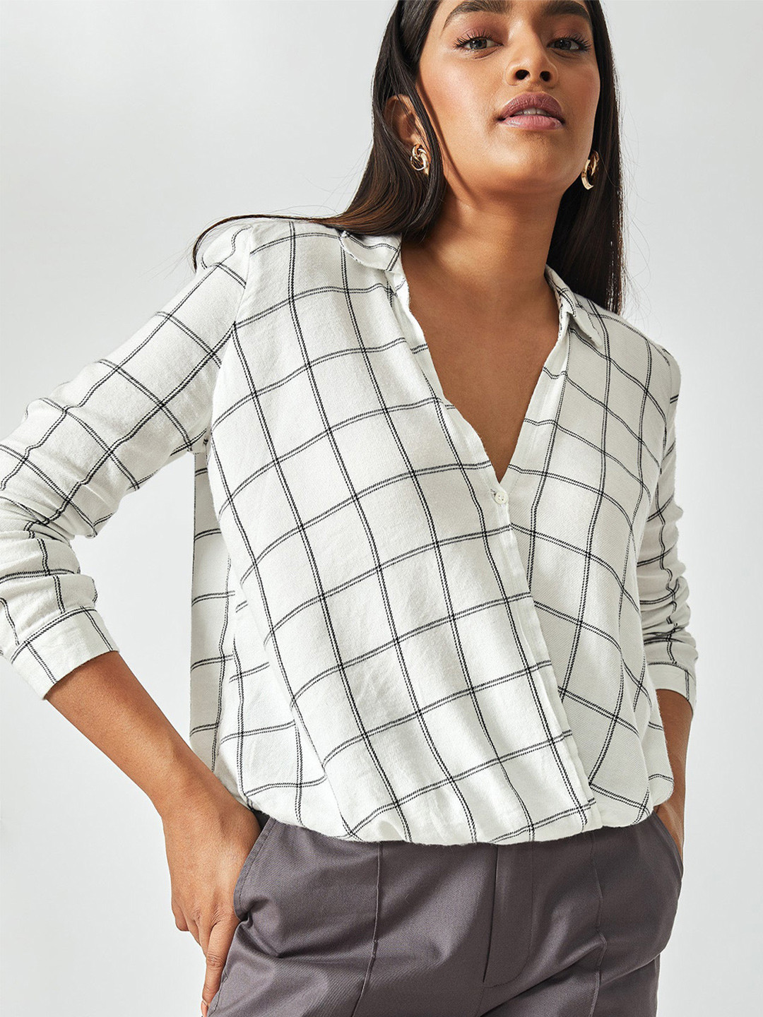 

The Label Life White Monochrome Checks V Neck Wrap Top