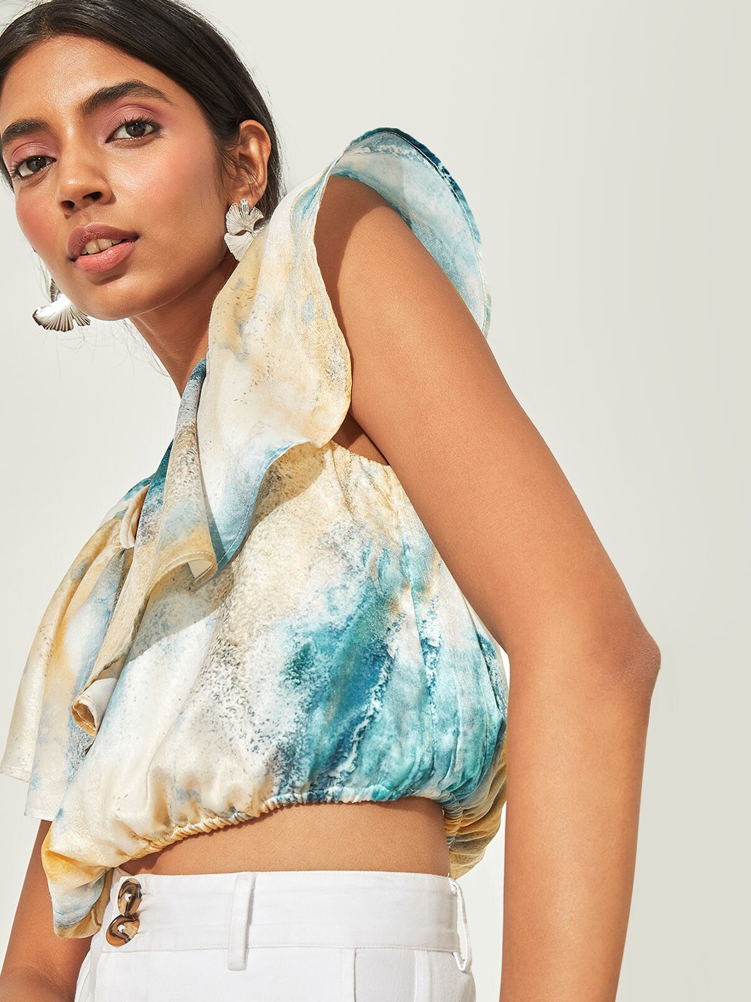 

The Label Life Blue Tie and Dye Ruffle Satin Blouson Crop Top