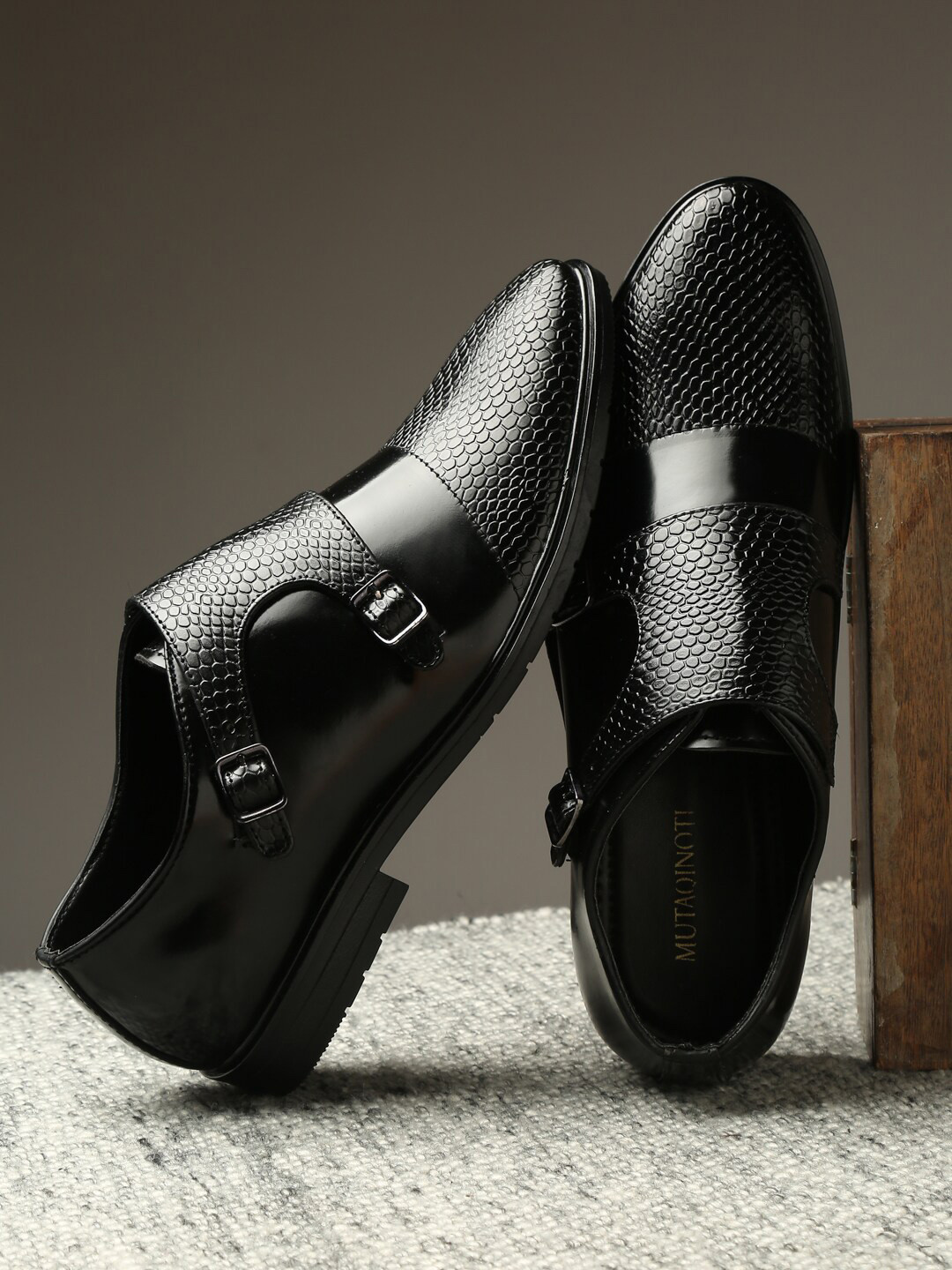 

MUTAQINOTI Men Black Solid Leather Monk Formal Shoes