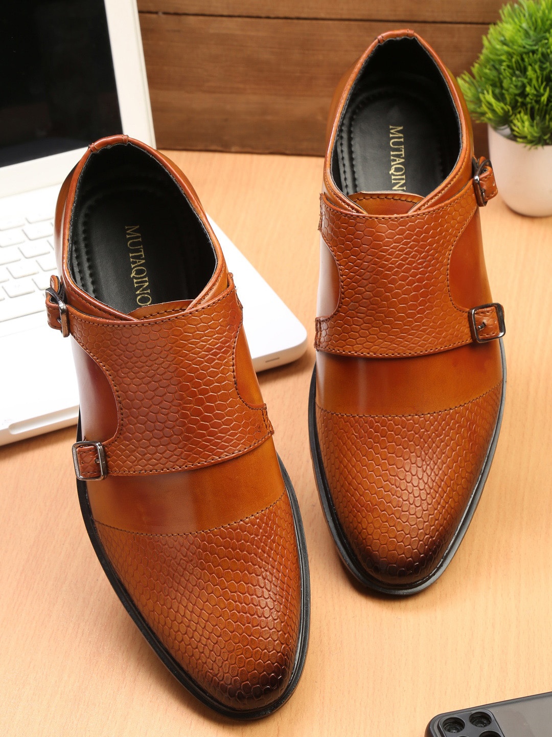 

MUTAQINOTI Men Tan Brown Formal Monk Shoes
