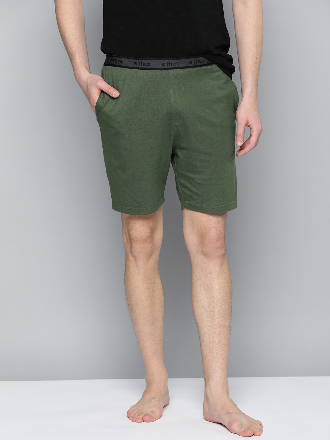 

ether Men Green Pure Cotton Solid Brand Logo Waistband Lounge Shorts