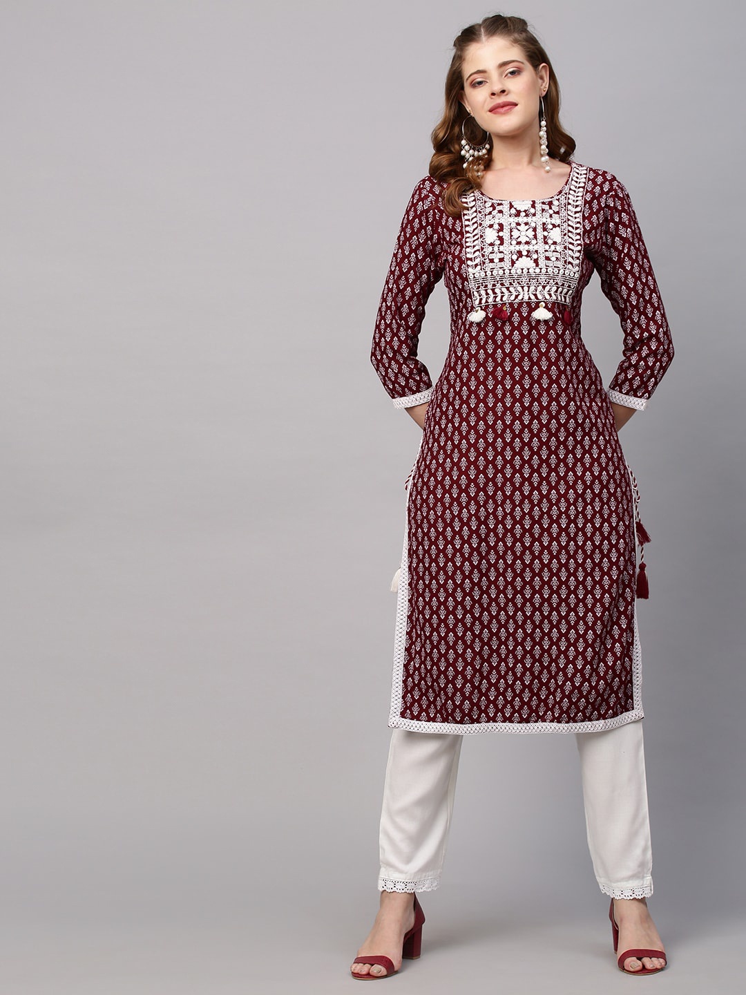 

FASHOR Women Maroon Ethnic Motifs Printed Kurta