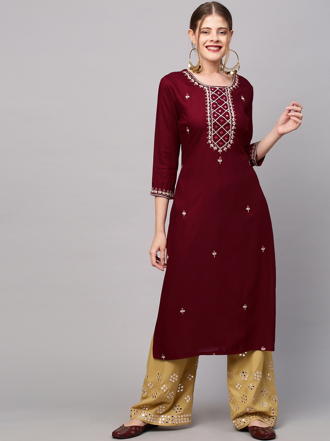 

FASHOR Women Maroon & White Ethnic Motifs Embroidered Kurta