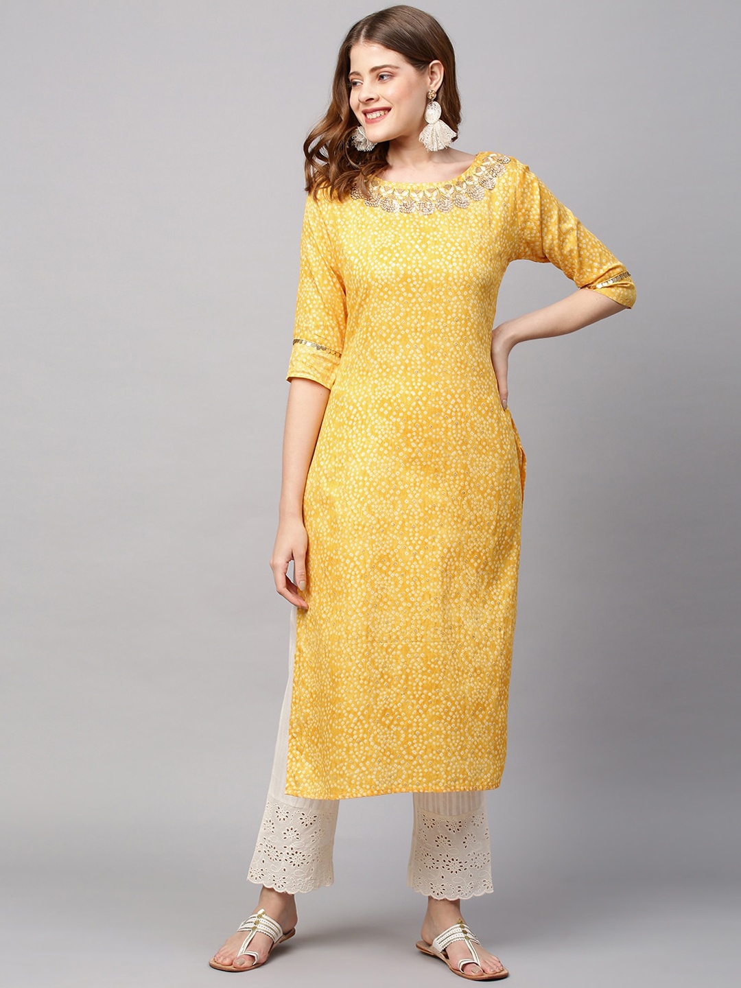 

FASHOR Women Yellow Bandhani Printed Hand Embroidered Thread Work Kurta