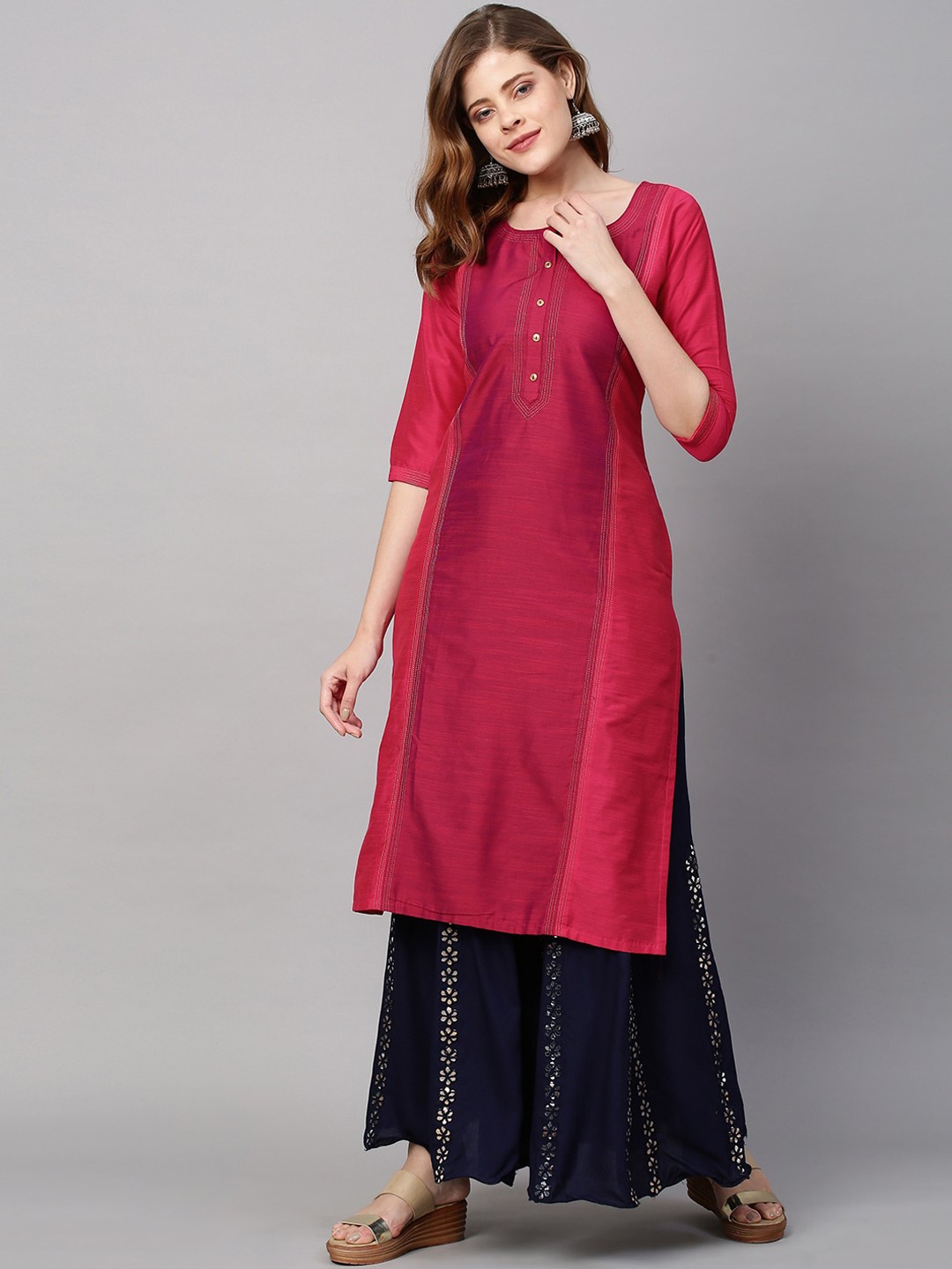 

FASHOR Women Pink Zari Embroidered Straight Fit Kurta