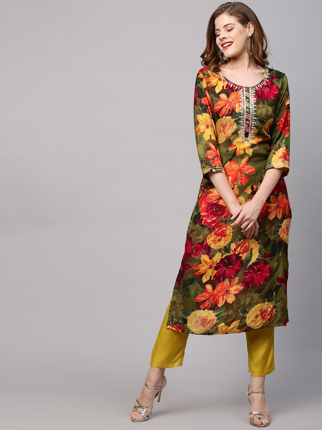 

FASHOR Women Green Floral Printed Kurta