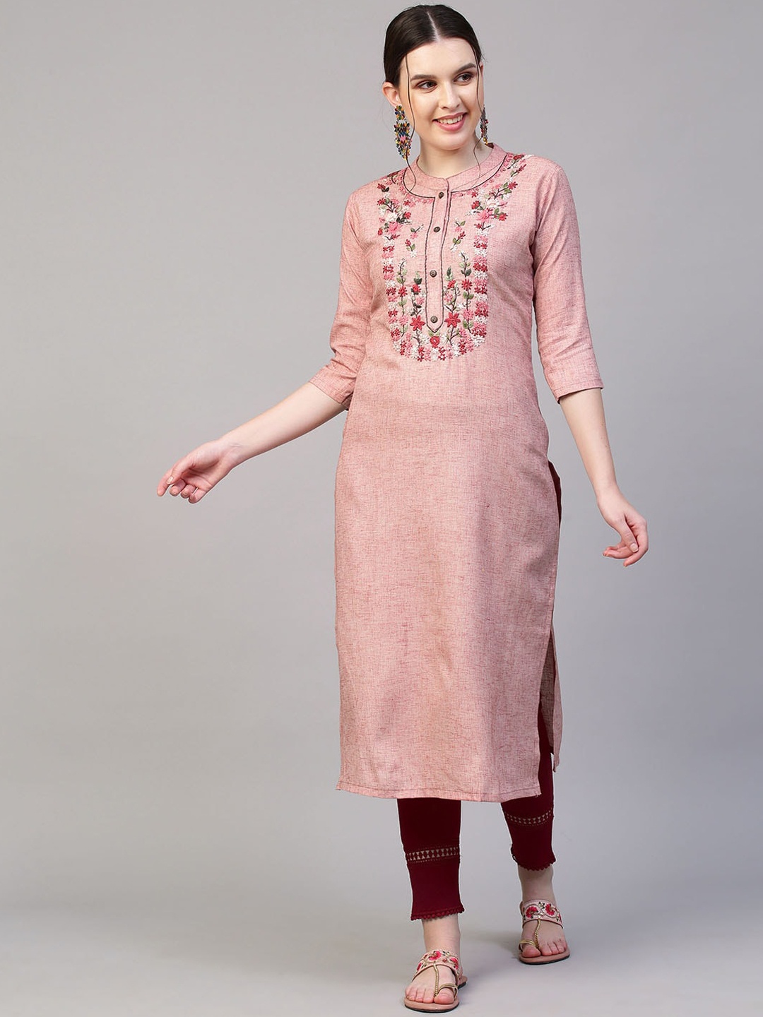 

FASHOR Women Pink Floral Embroidered Thread Work Kurta