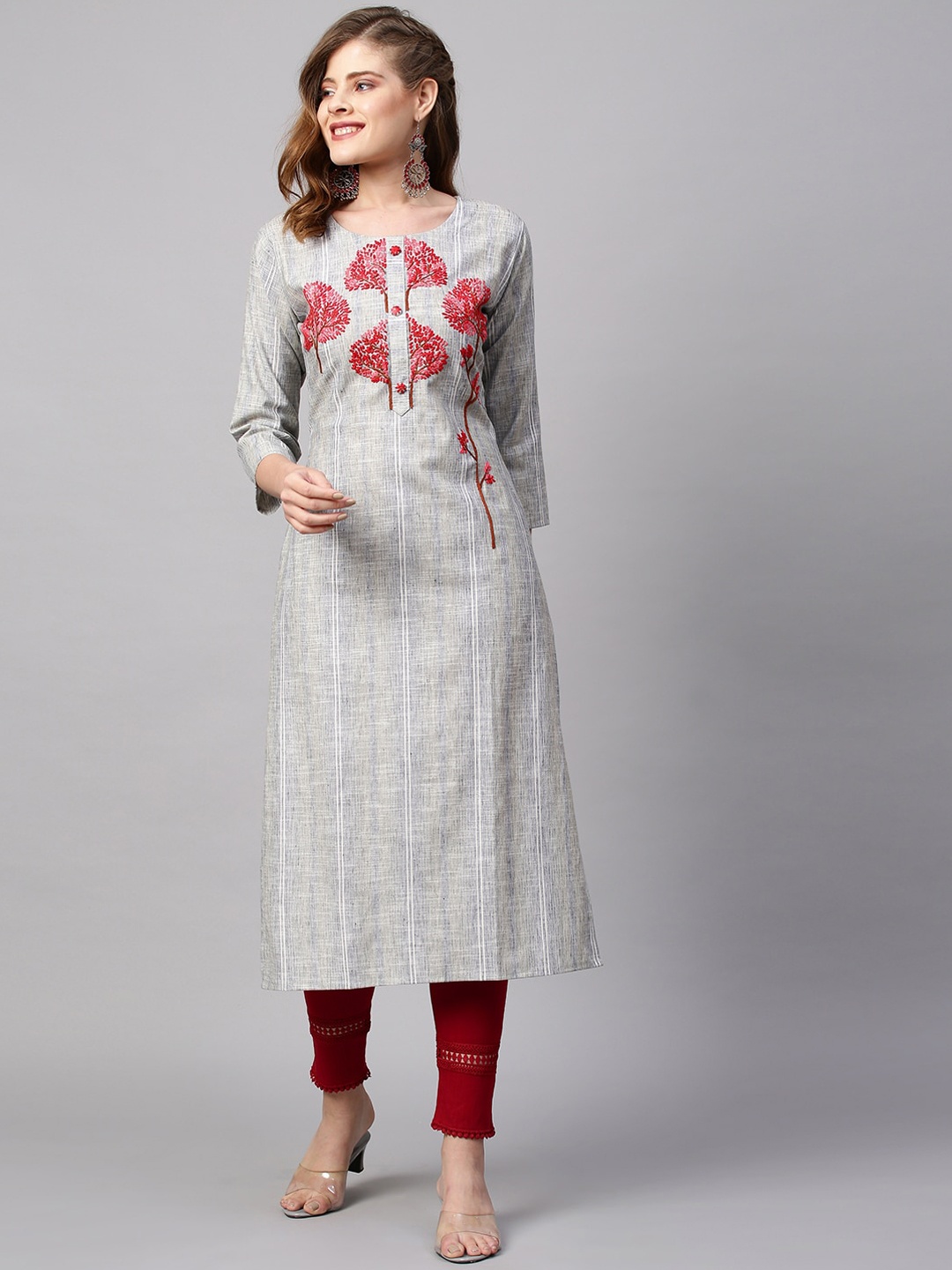 

FASHOR Women Grey Striped Keyhole Neck Thread Work Kurta