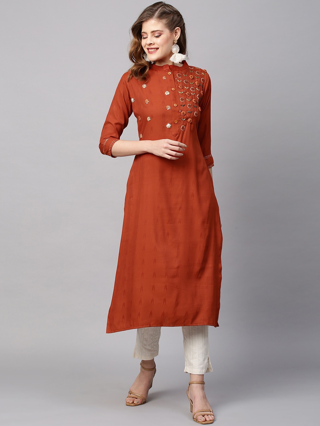 

FASHOR Women Rust Ethnic Motifs Embroidered Kurta