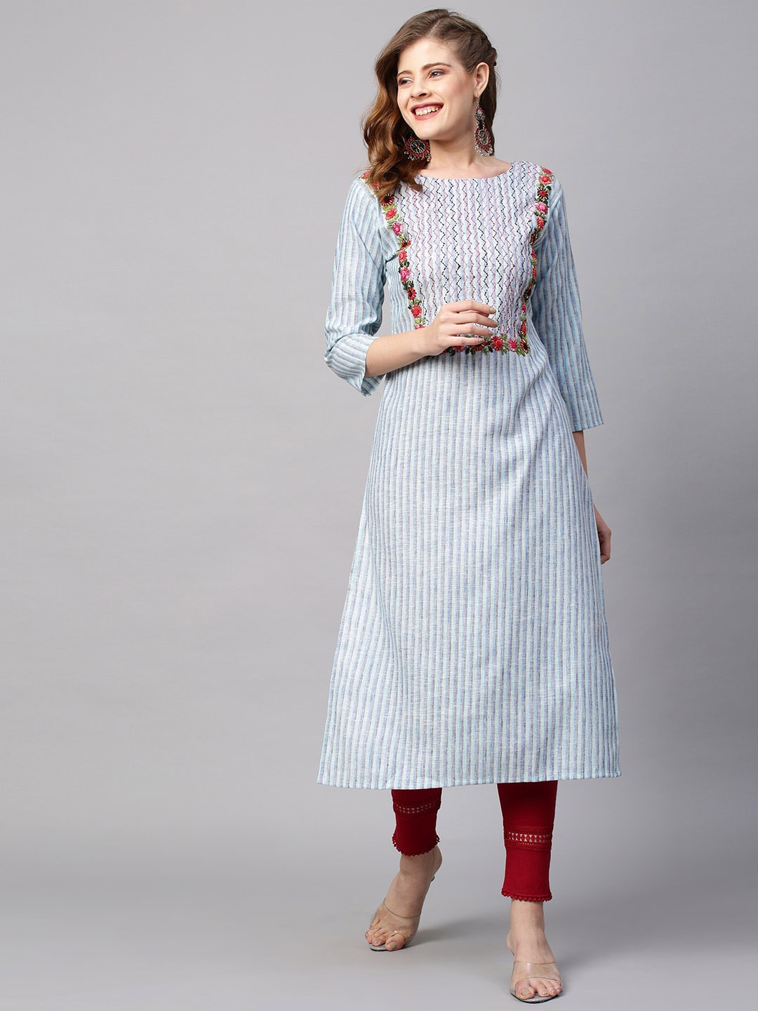

FASHOR Women Multicoloured Striped Thread Work Cotton Kurta, Multi