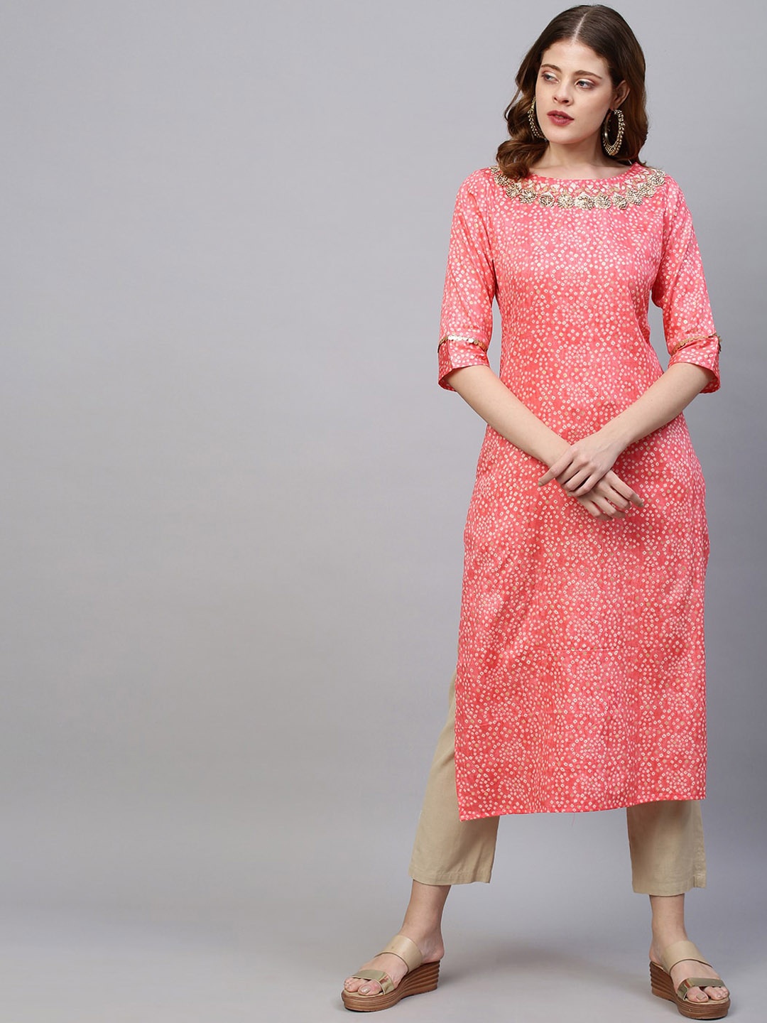 

FASHOR Women Peach-Coloured Bandhani Embroidered Kurta