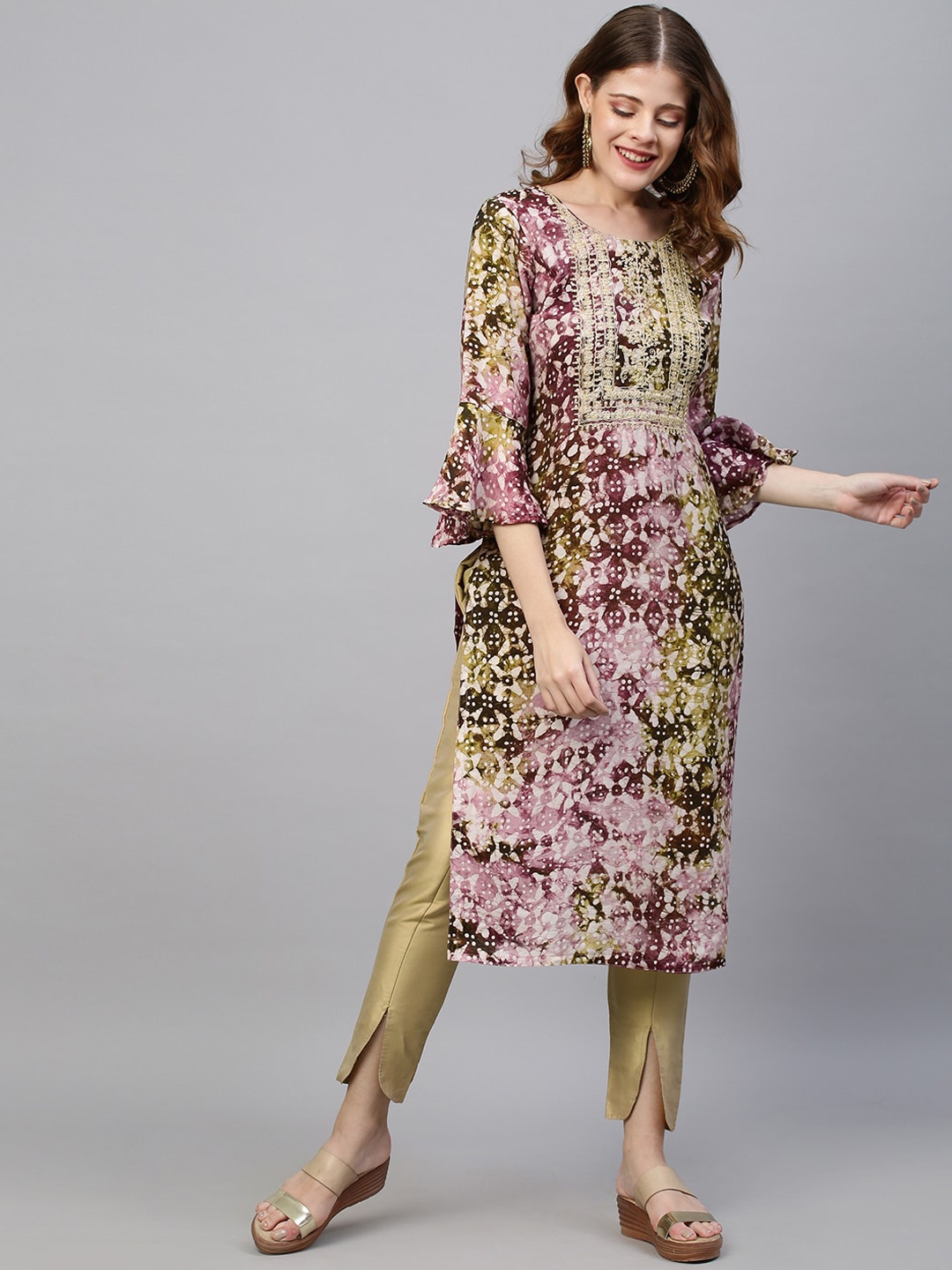

FASHOR Women Green & Purple Ethnic Motifs Printed Bell Sleeves Kurta