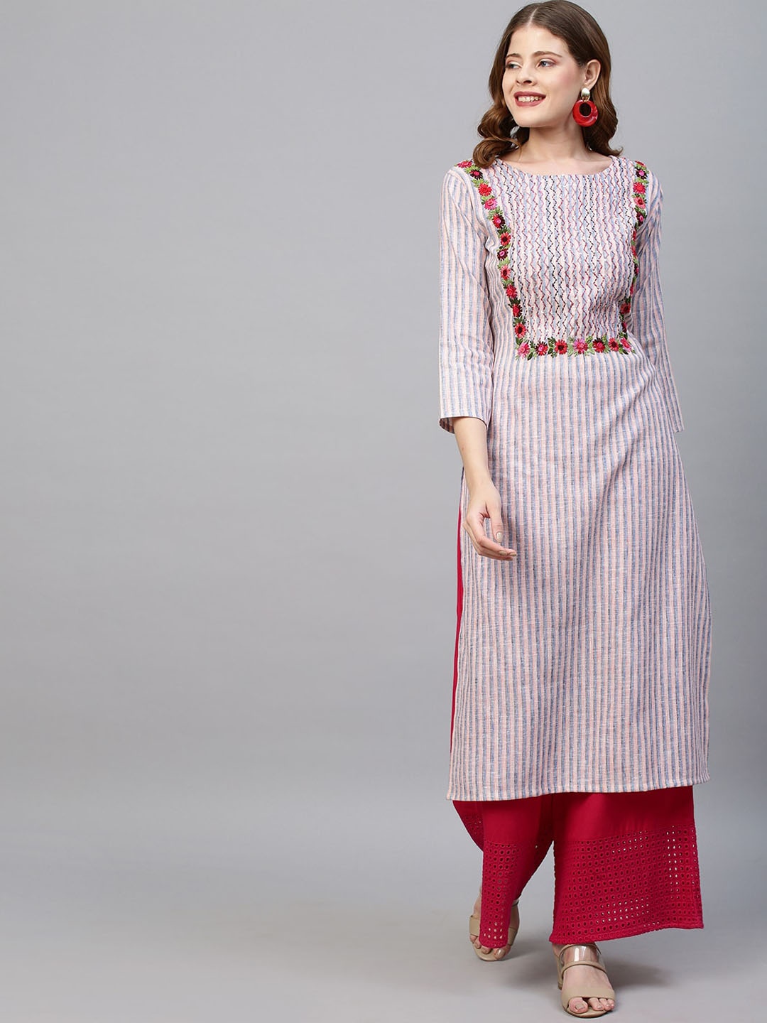 

FASHOR Women Pink & Blue Striped Hand Embroidered Straight Kurta