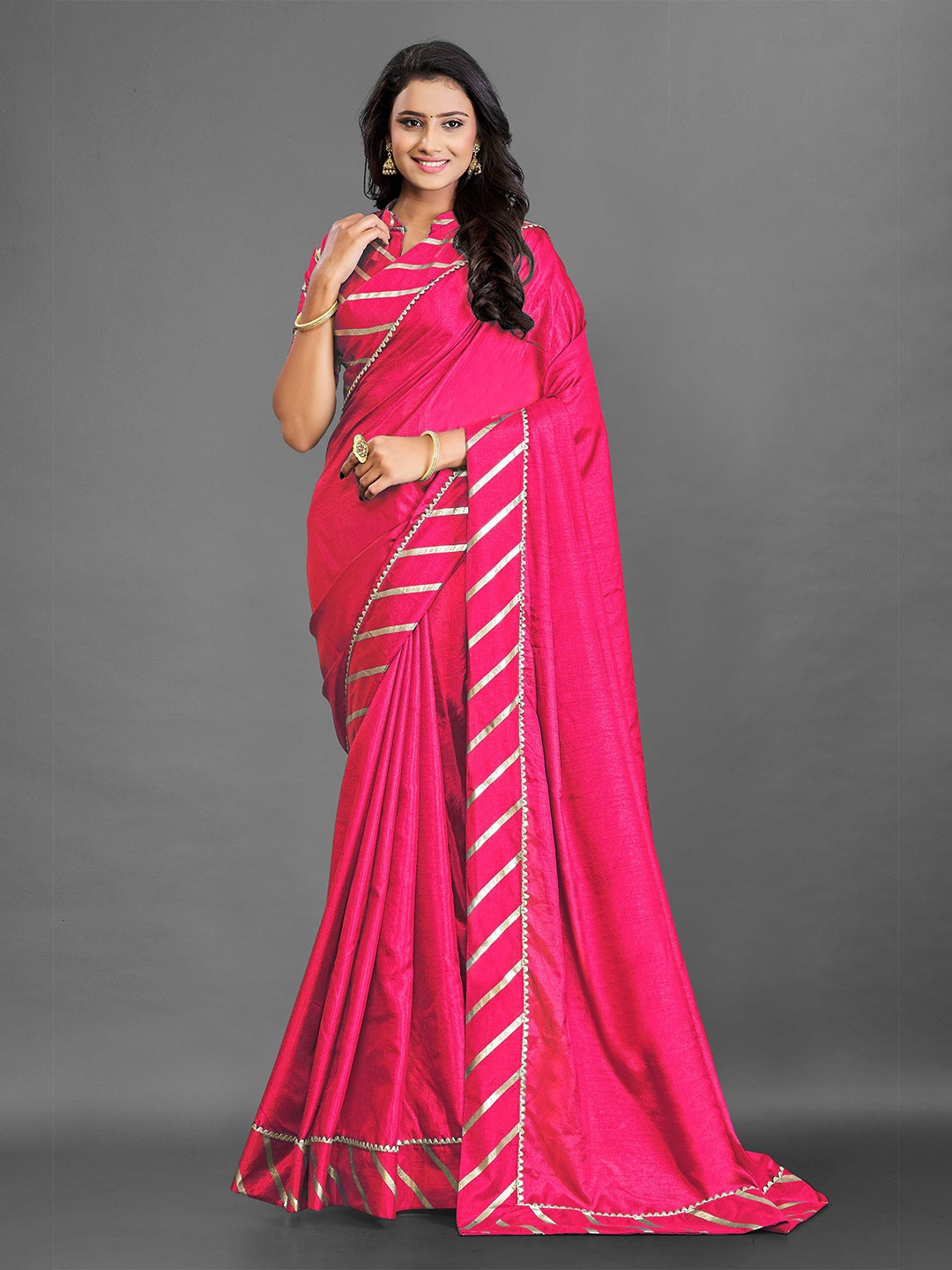 

Zombom Pink & Gold-Toned Silk Saree