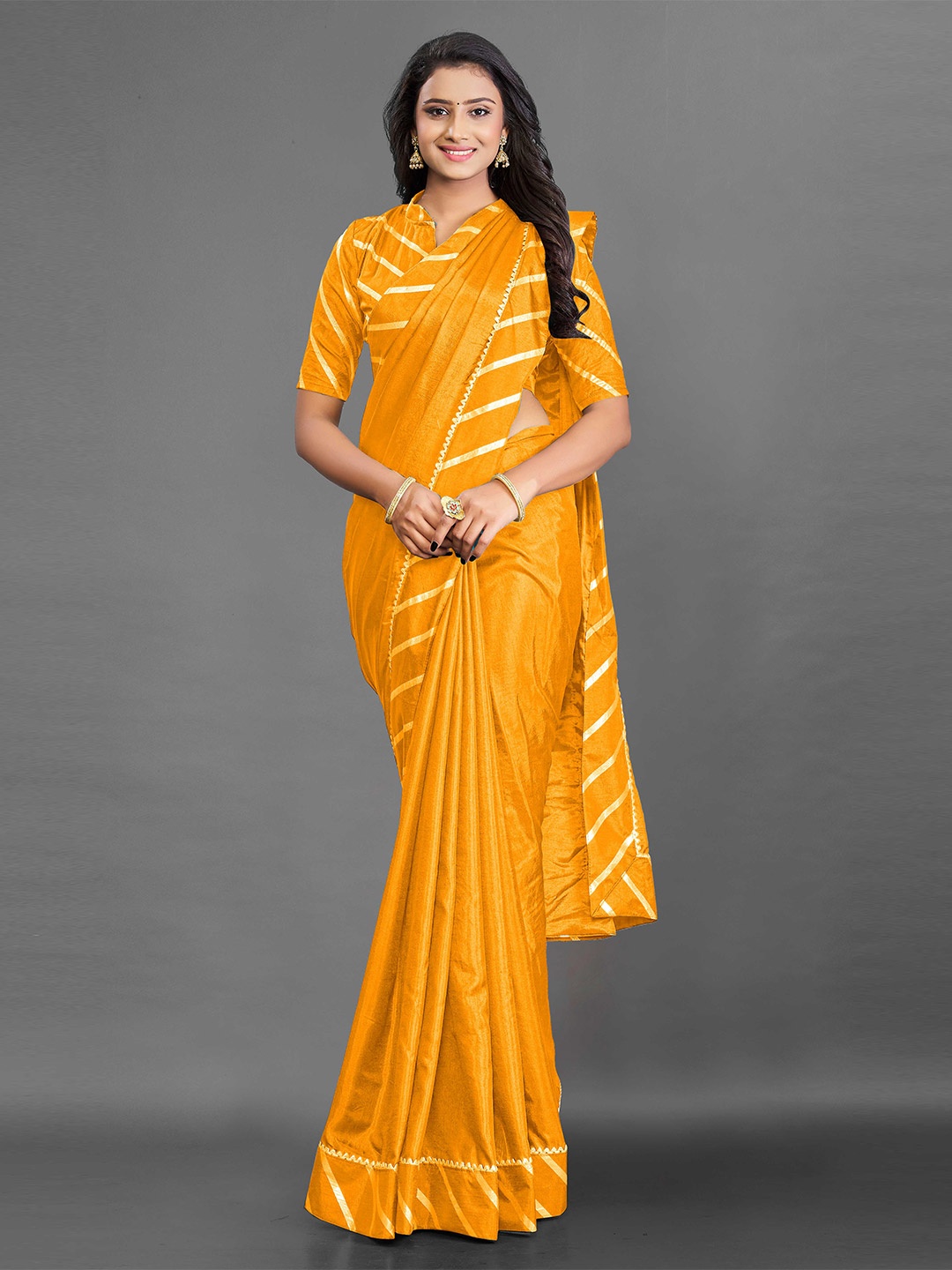 

Zombom Yellow & Gold-Toned Striped Zari Silk Banarasi Saree
