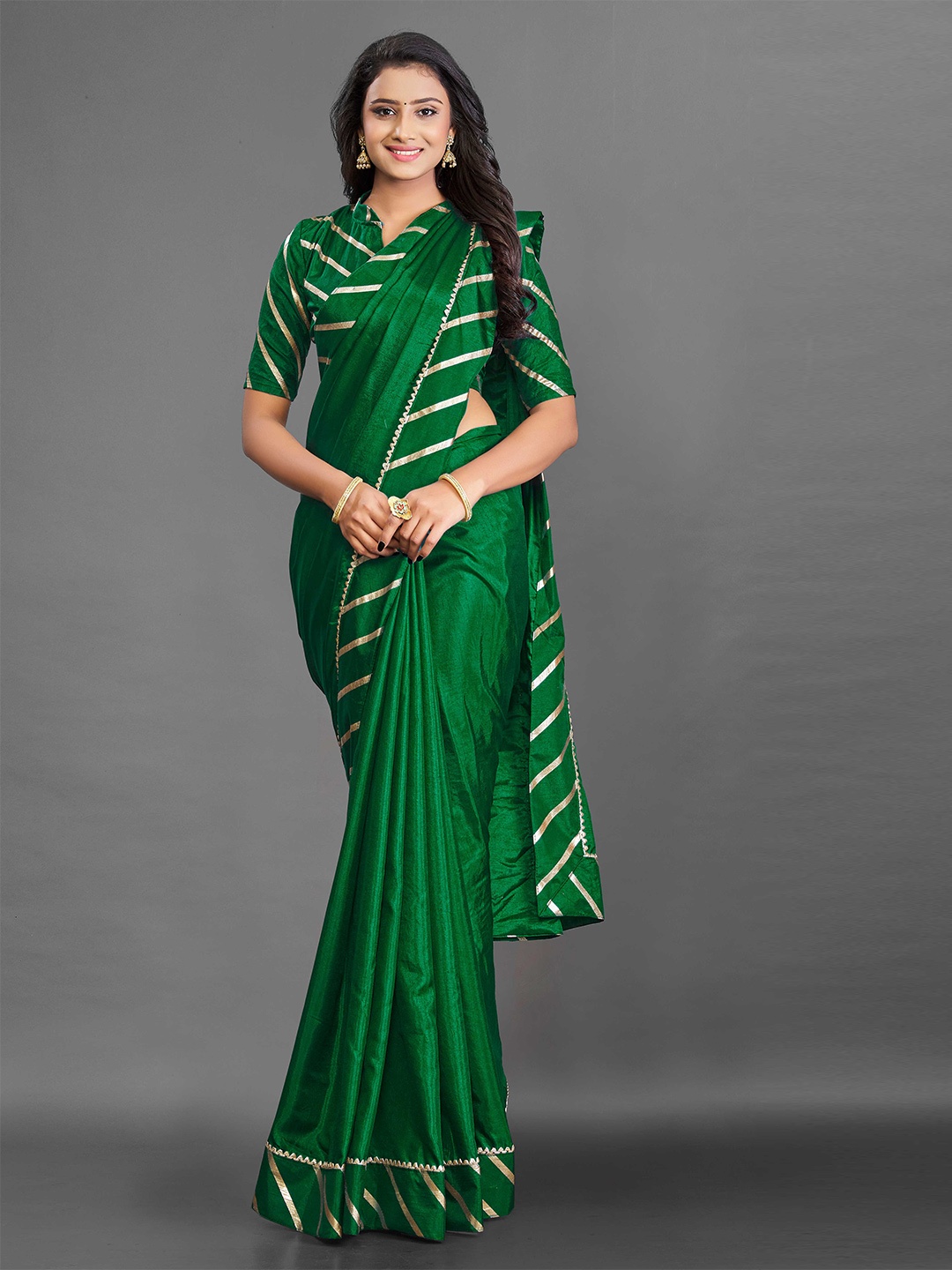 

Zombom Green & Gold-Toned Striped Zari Silk Banarasi Saree