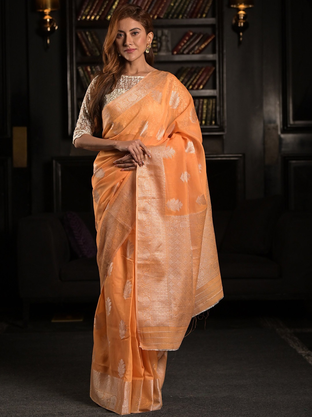 

Exclusiva Orange & Gold-Toned Floral Silk Blend Saree