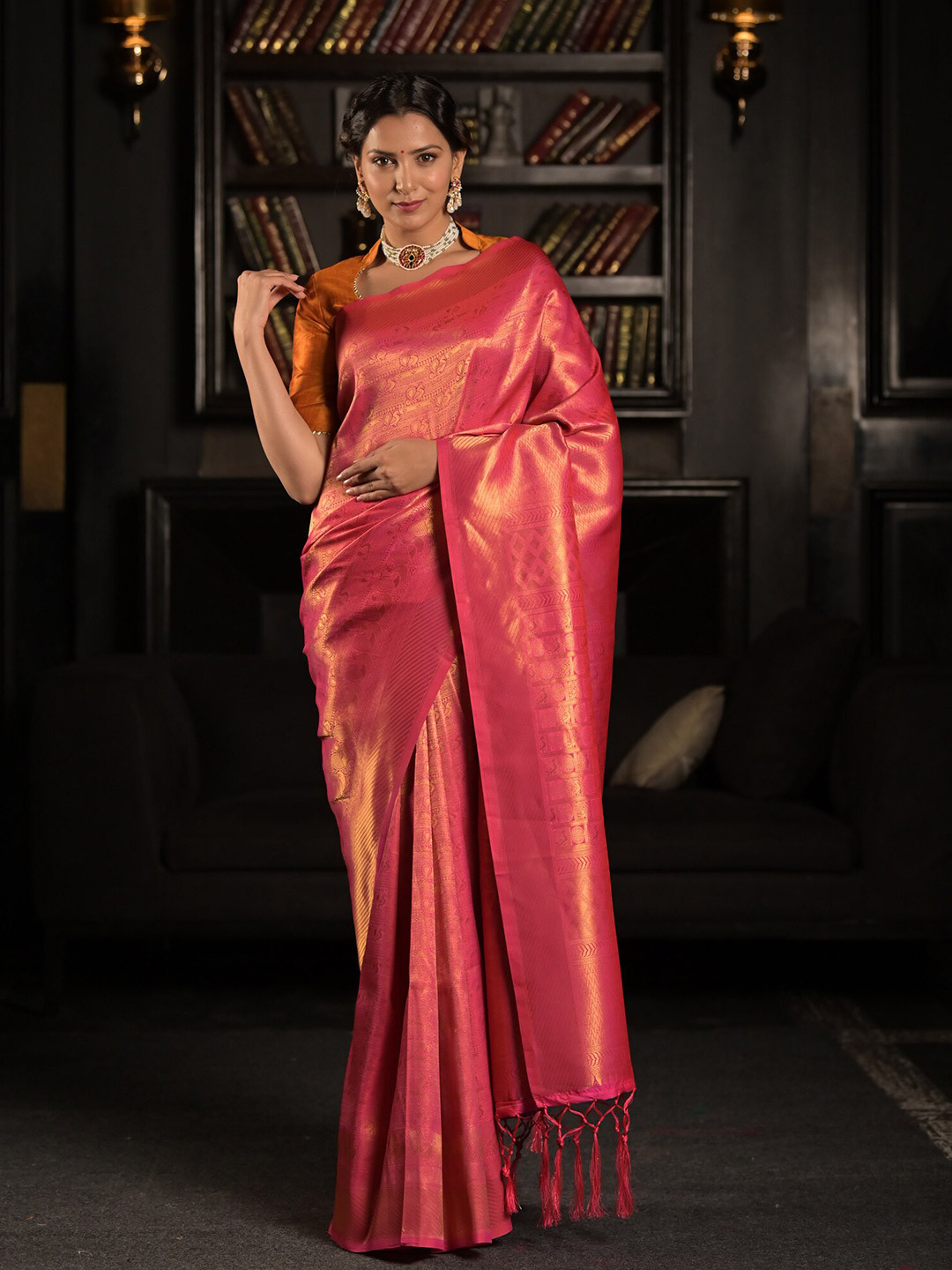 

Exclusiva Pink & Gold-Toned Woven Design Silk Blend Saree