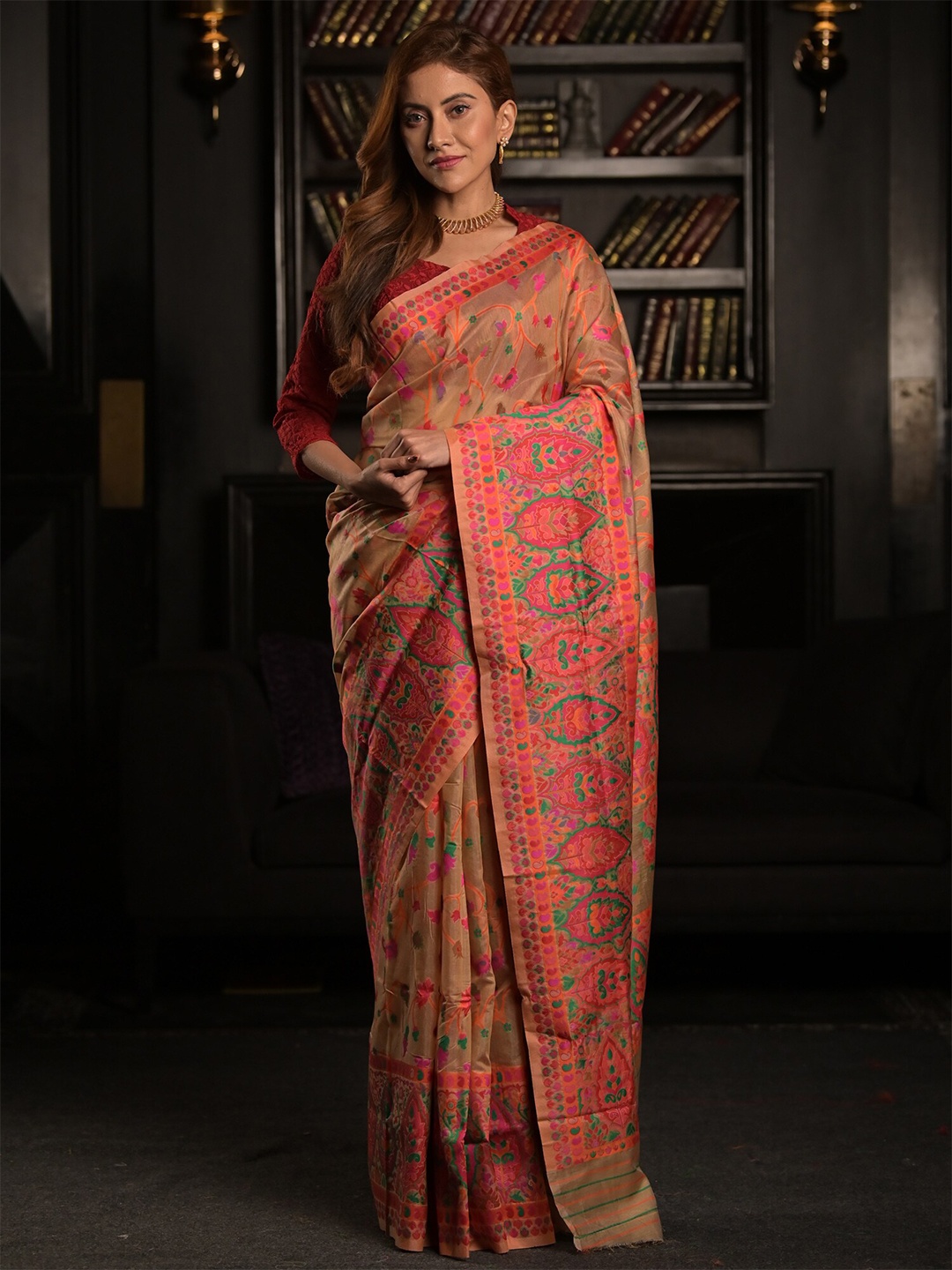 

Exclusiva Beige & Green Woven Design Zari Silk Blend Saree