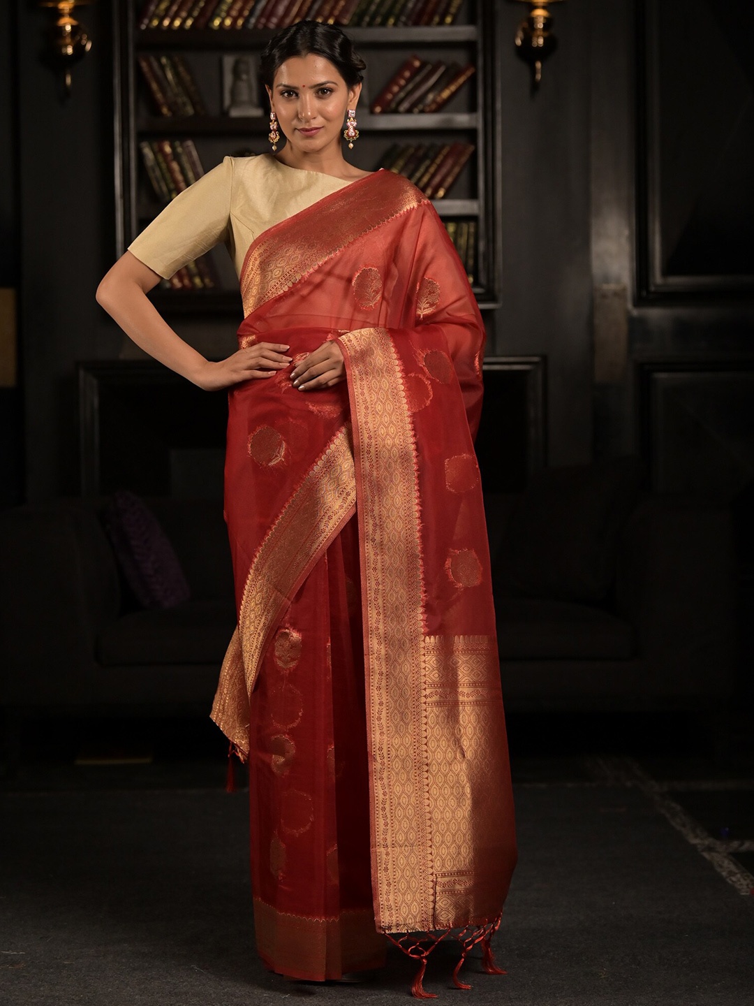 

Exclusiva Red & Gold-Toned Woven Design Zari Organza Saree