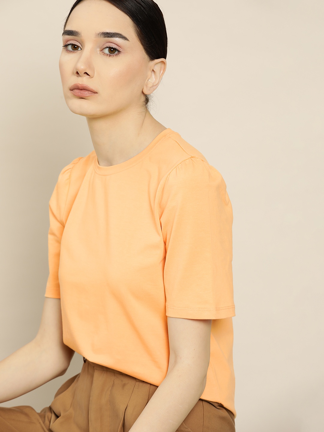 

ether Women Peach-Coloured Solid T-shirt