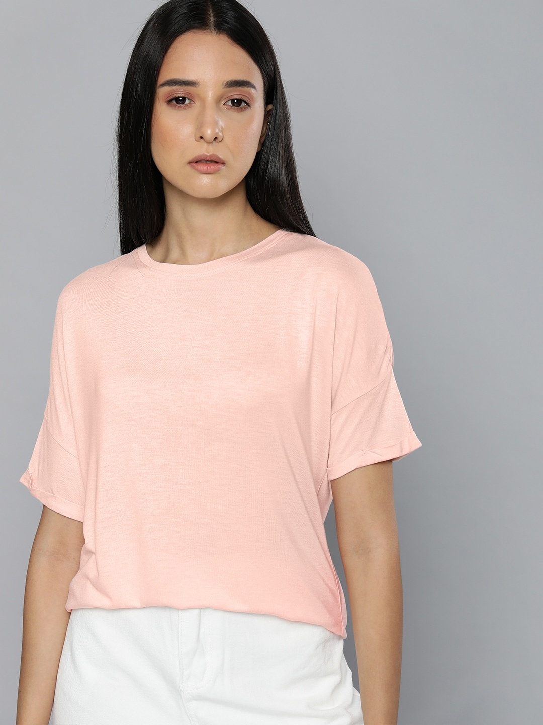 

ether Women Peach-Coloured Solid Drop-Down Sleeves Top