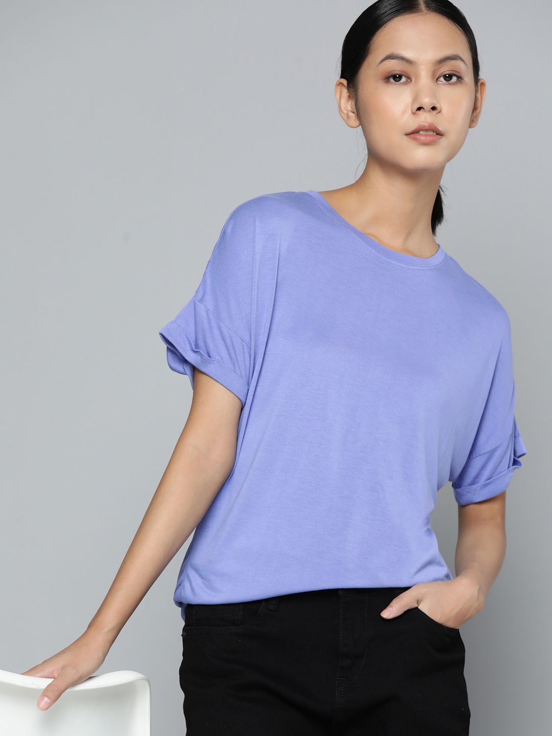 

ether Women Lavender Solid Drop-Shoulder Sleeves T-shirt