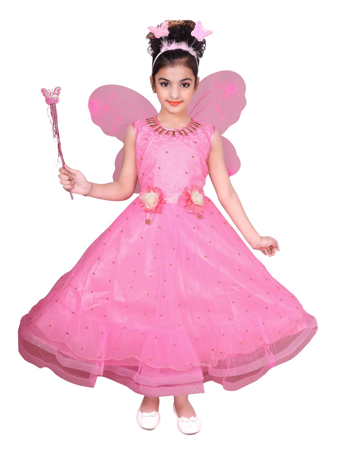 

ahhaaaa Pink Embellished Net Maxi Costume Party Dress