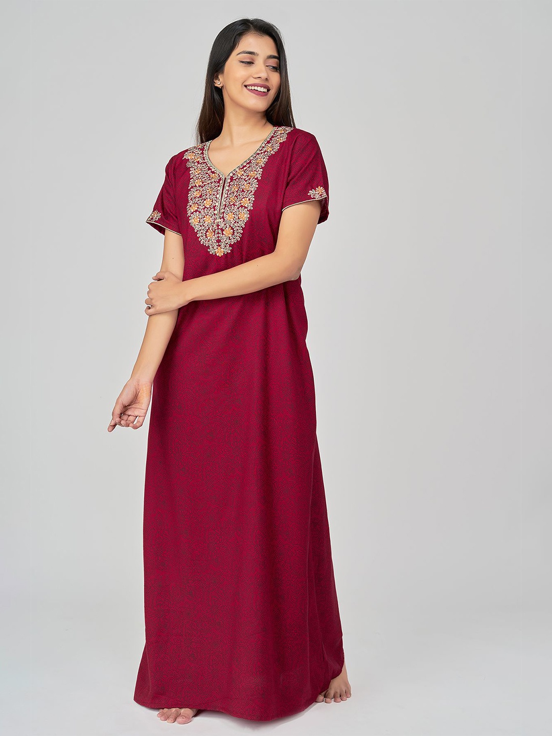 

Maybell Women Maroon Printed Maxi Nightdress