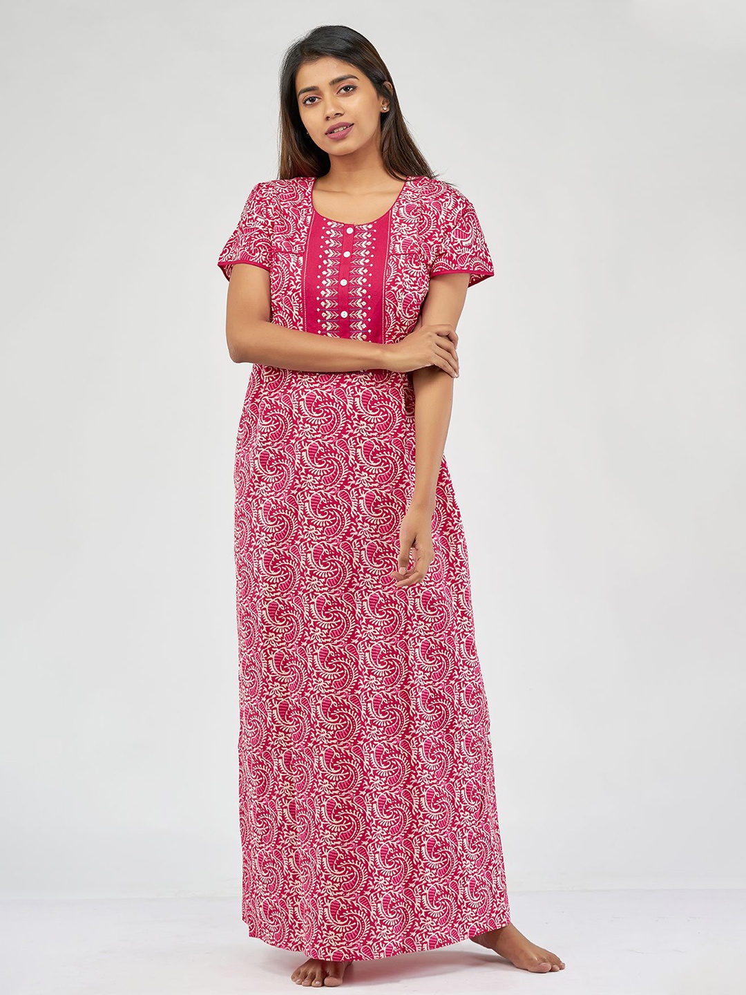 

Maybell Women Pink Printed Cotton Maxi Nightdress