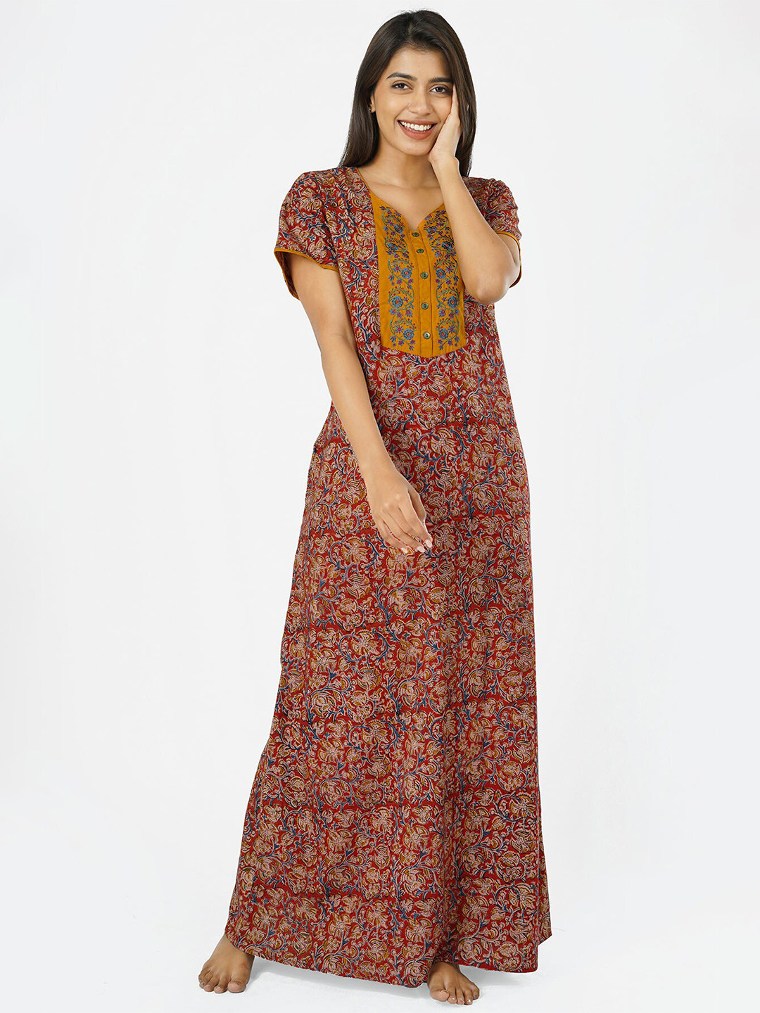 

Maybell Mustard Embroidered Kalamkari Maxi Nightdress