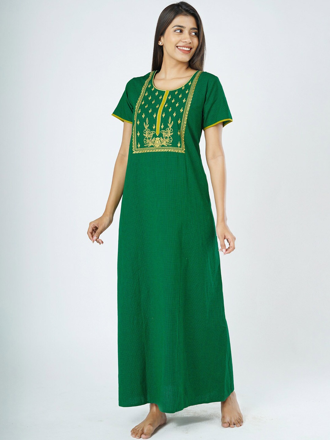 

Maybell Women Green Checked Cotton Maxi Nightdress