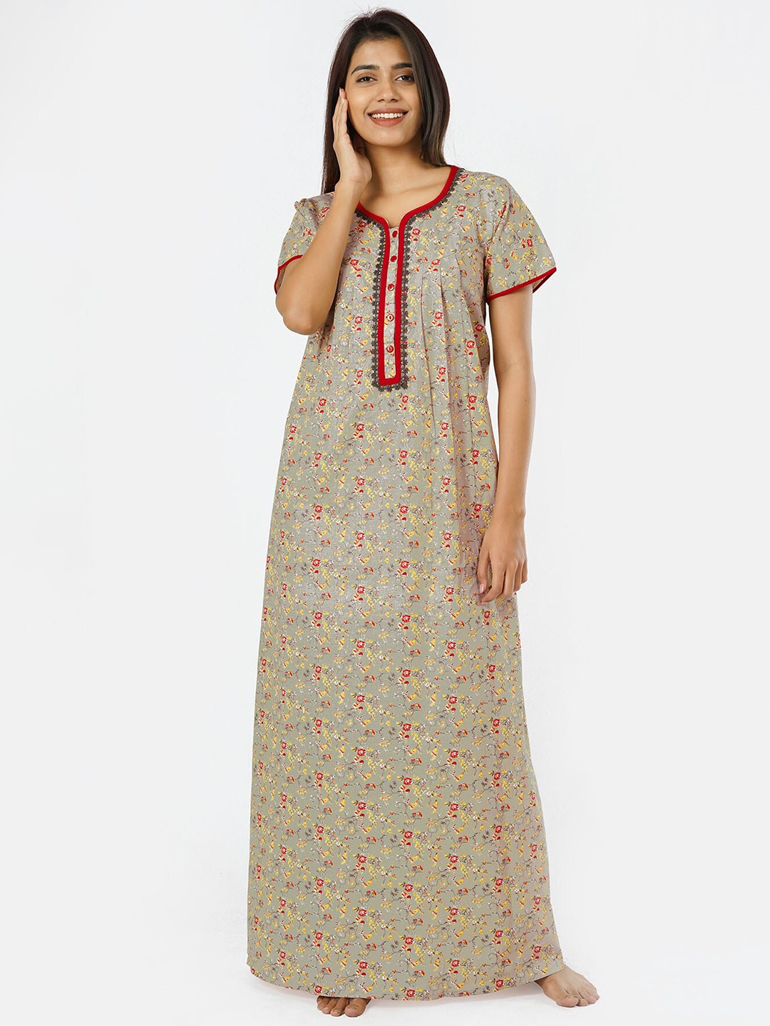 

Maybell Brown Printed Pure Cotton Maxi Nightdress