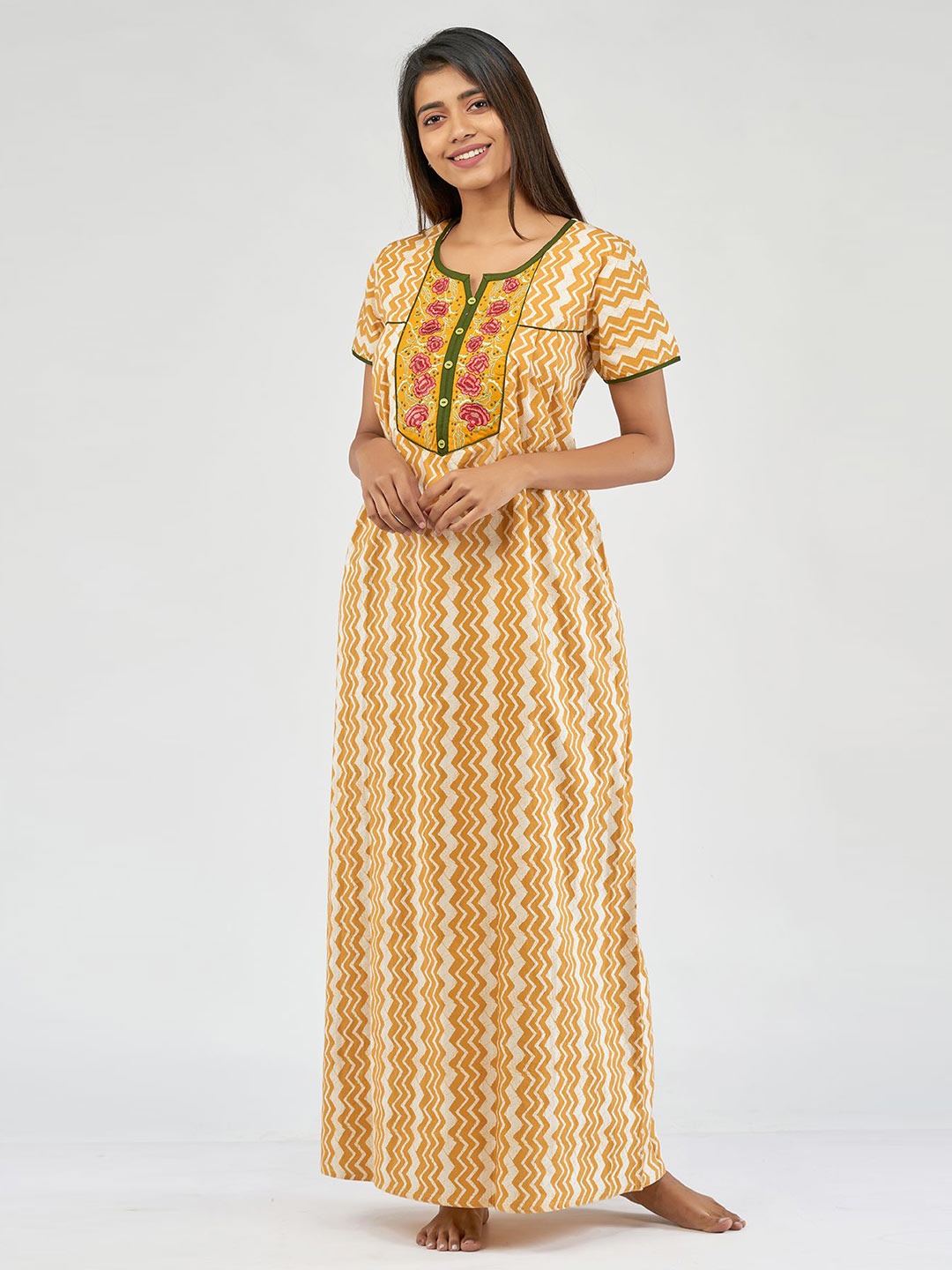 

Maybell Women Yellow Printed Pure Cotton Maxi Nightdress