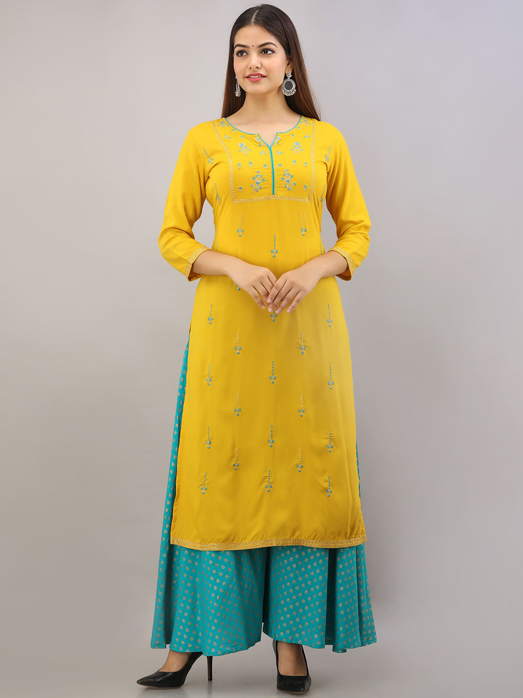 

GULMOHAR JAIPUR Women Yellow Ethnic Motifs Embroidered Thread Work Kurta