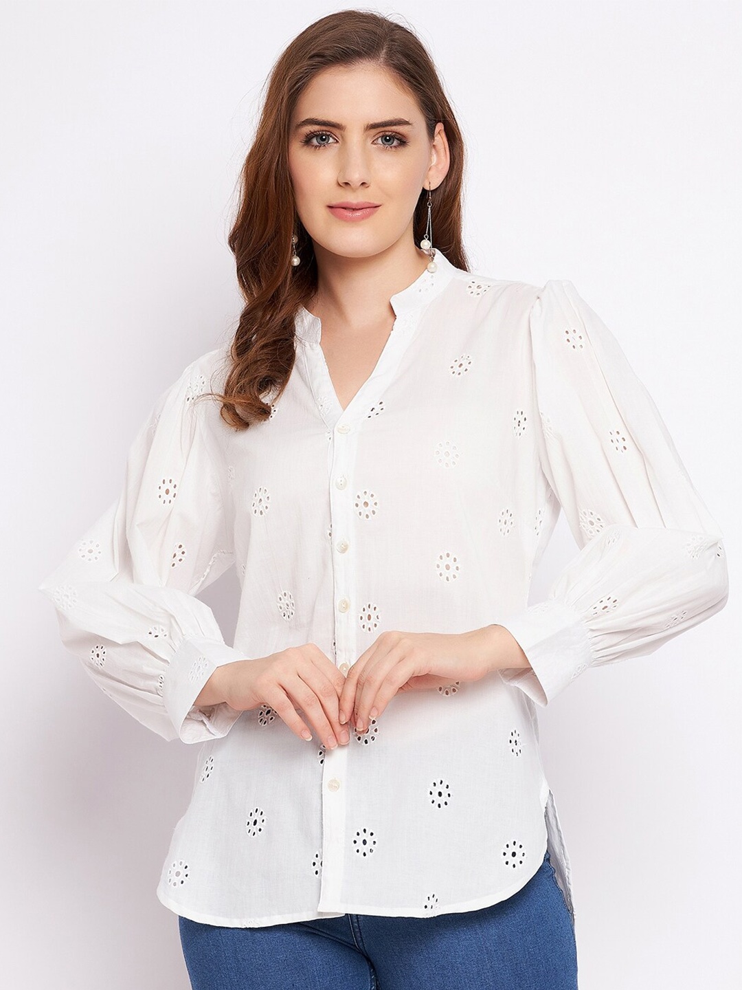 

Ruhaans Women White Classic Schiffli Cotton Casual Shirt