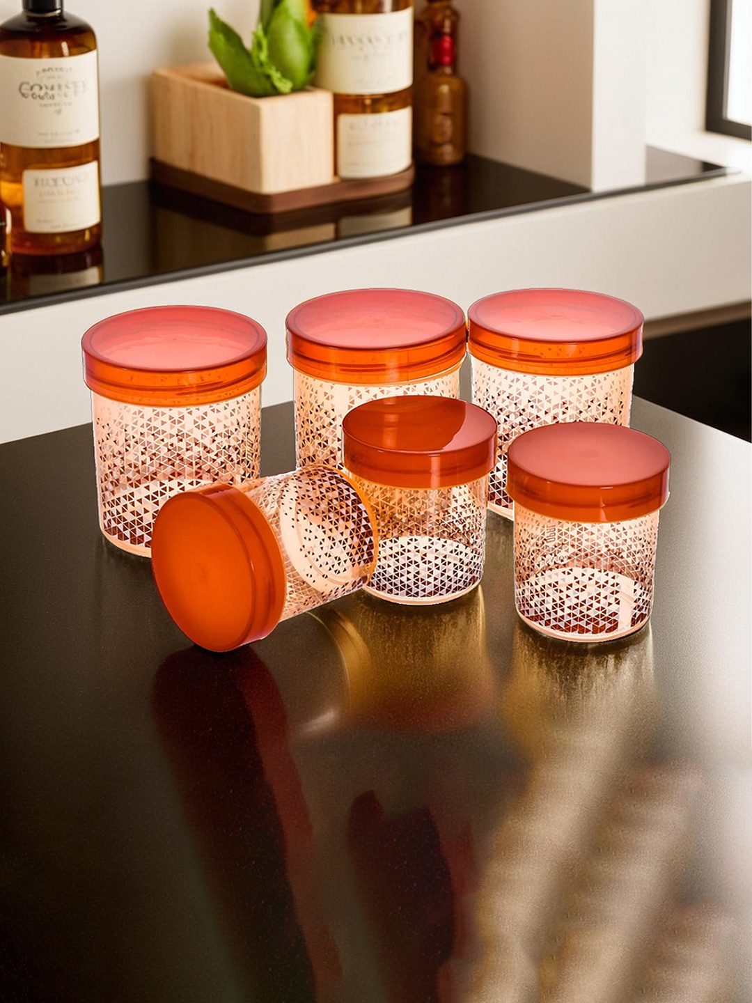 

Kuber Industries Set Of 6 Brown Printed Plastic Storage Container With Lid
