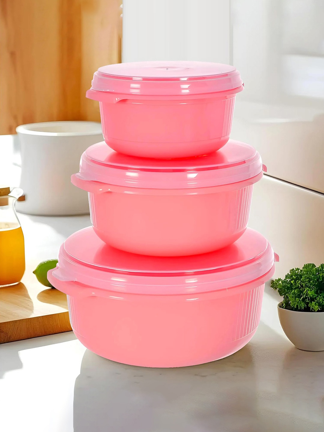 

Kuber Industries Set Of 3 Pink Plastic Storage Containers Set With Lid