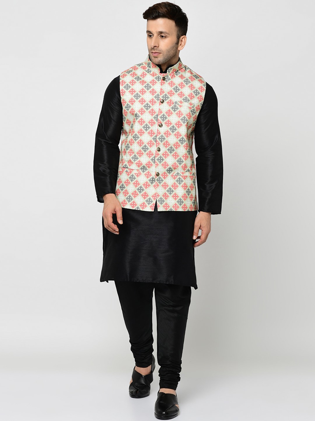 

Kaifoo Men Black Kurta with Churidar & with Nehru Jacket