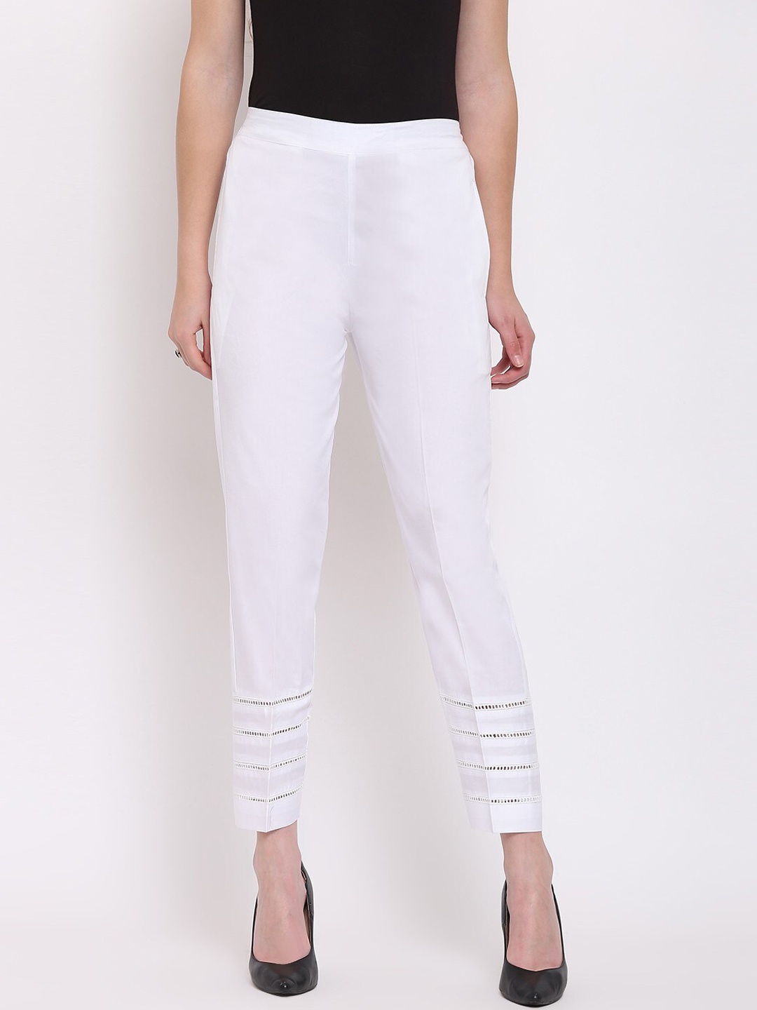 

RIVI Women White Pure Cotton Trousers With Ladder Lace Insert At Hem