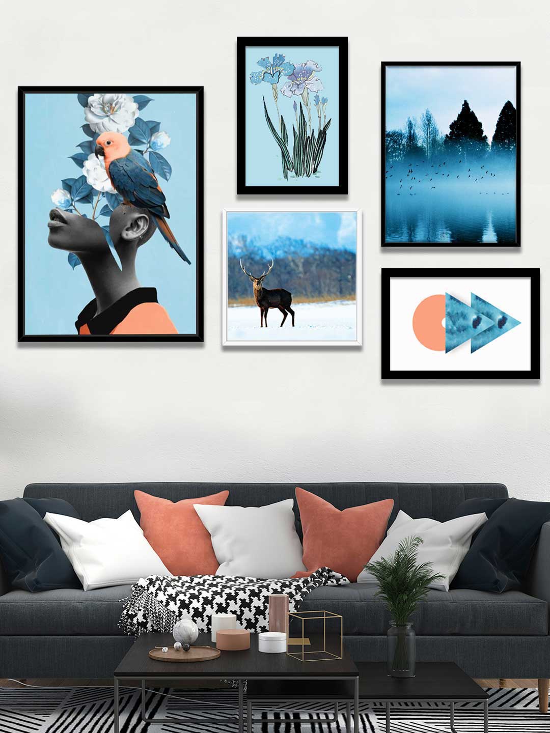 

Art Street Set Of 5 Blue Painted Framed Girl & Flower Wall Art