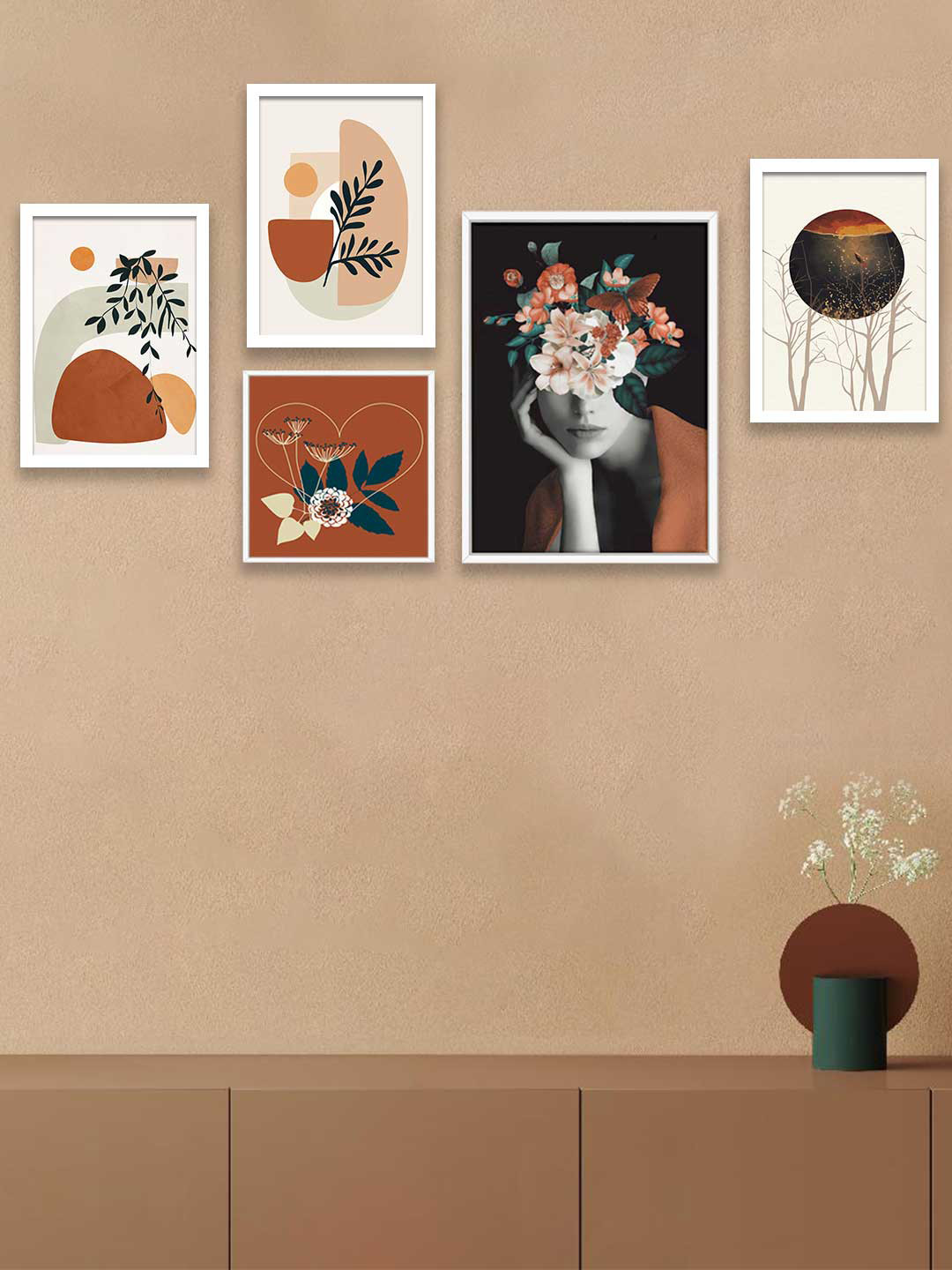 

Art Street Set of 5 Brown & White Girl Flower Bouquet Framed Canvas & Framed Wall Art