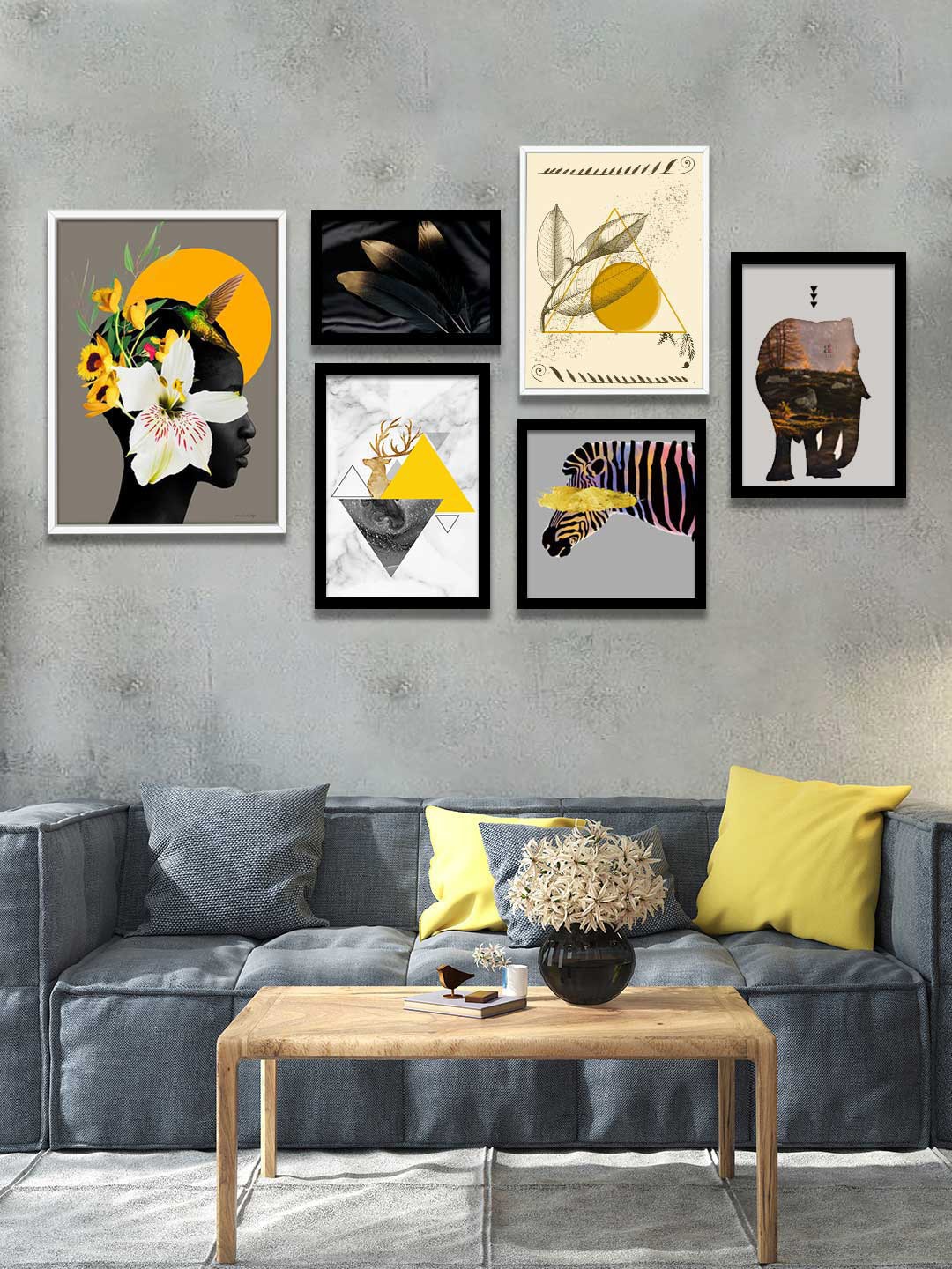 

Art Street Set Of 6 Yellow & Black Girl Flower Bouquet Canvas Framed Wall Painting