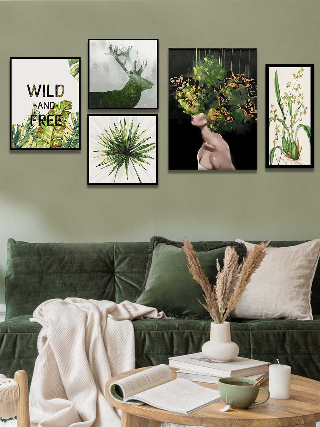 

Art Street Set of 5 Green & White Girl Flower Bouquet Streched Canvas & Framed Wall Art