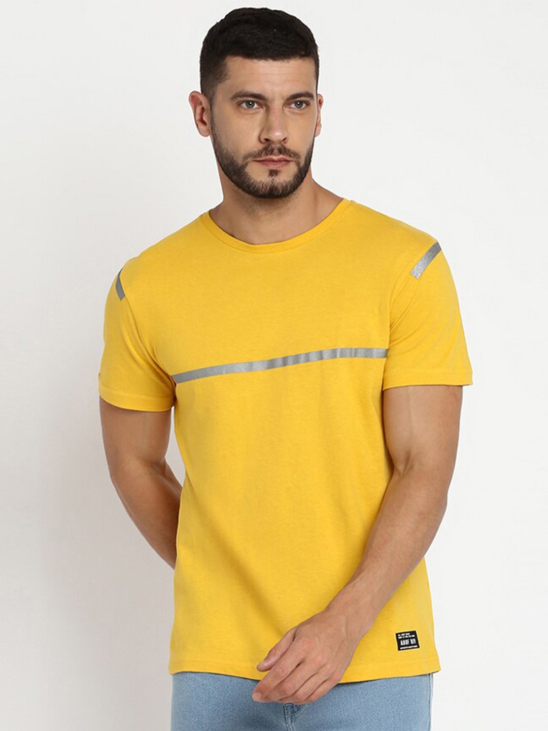 

abof Men Yellow and White Pack of 3 Colourblocked 100% Cotton Regular Fit T-shirt