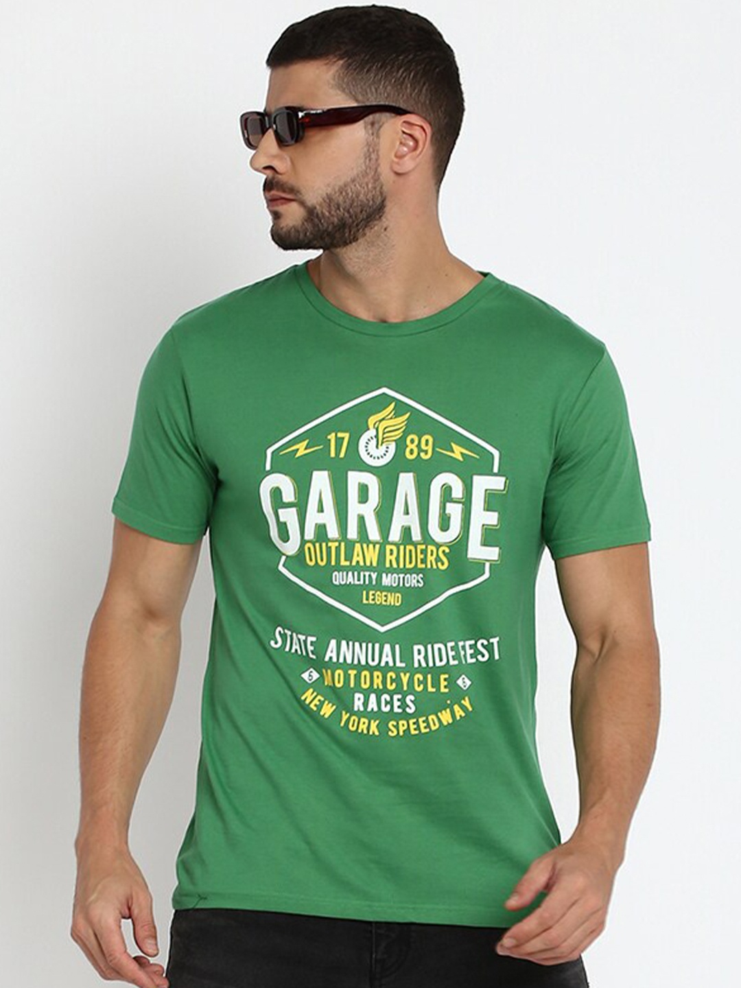 

abof Men Green & White Typography Printed Cotton T-shirt