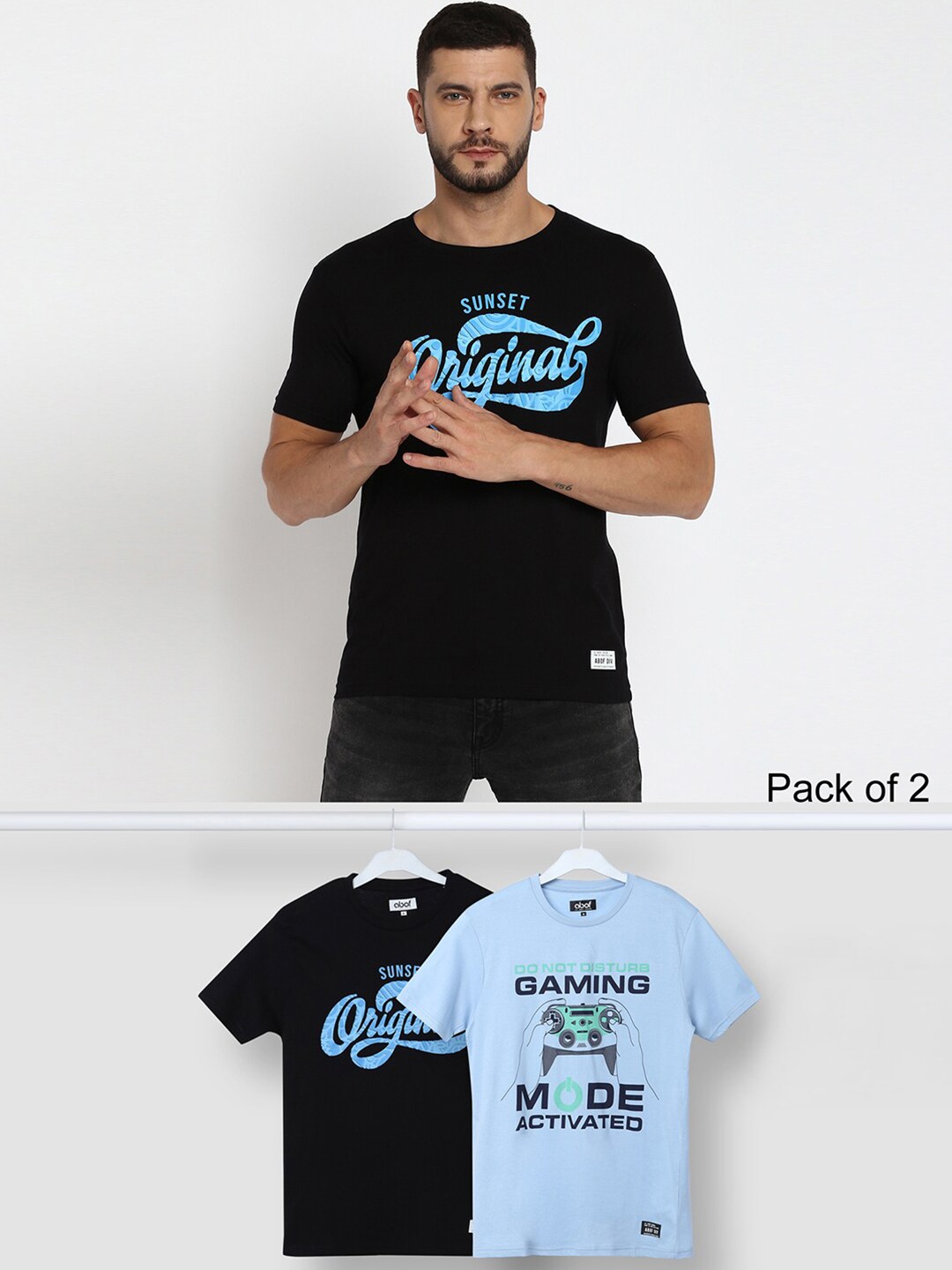 

abof Men Pack of 2 Typography Printed Pure Cotton T-shirts, Black