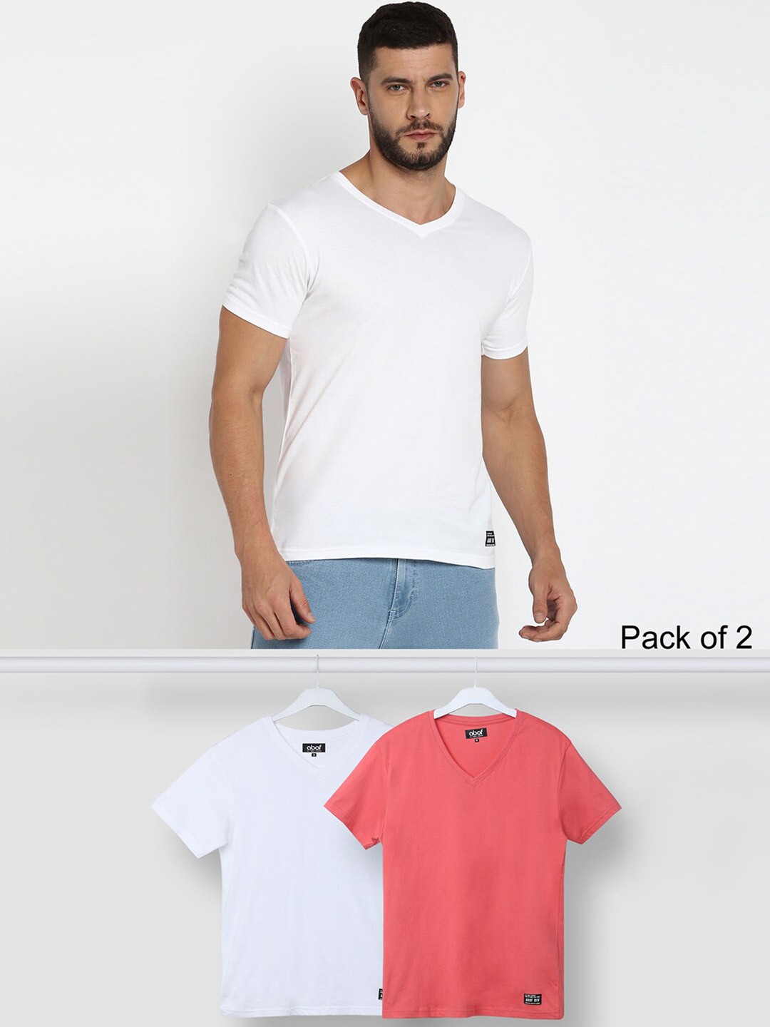 

abof Men Pack of 2 V-Neck Pure Cotton T-shirts, White